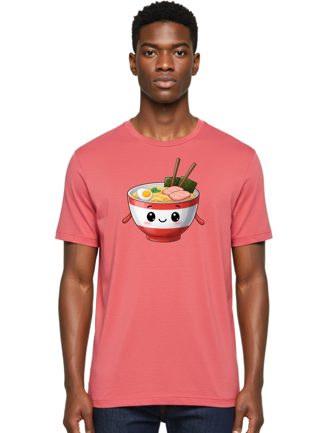 Ramen-Noodle-Bowl Men'S Graphic Tee, 100% Cotton, Comfortable Casual Summer Wear, Machine Washable, Cartoon Ramen Bowl, Japanese Food, Noodle Soup, Egg, Pork Slices, Seaweed, Chopsticks, Kawaii Character, Cute Design, Anime Style Bab307