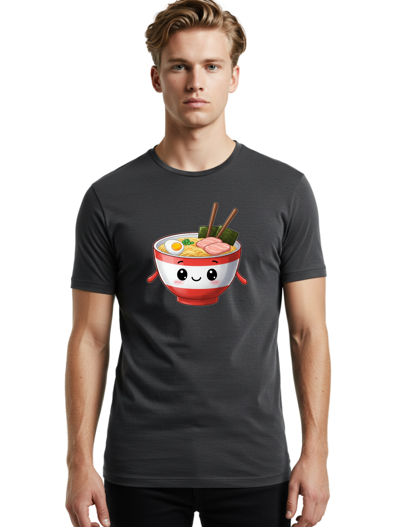 Ramen-Noodle-Bowl Men'S Graphic Tee, 100% Cotton, Comfortable Casual Summer Wear, Machine Washable, Cartoon Ramen Bowl, Japanese Food, Noodle Soup, Egg, Pork Slices, Seaweed, Chopsticks, Kawaii Character, Cute Design, Anime Style Bab307