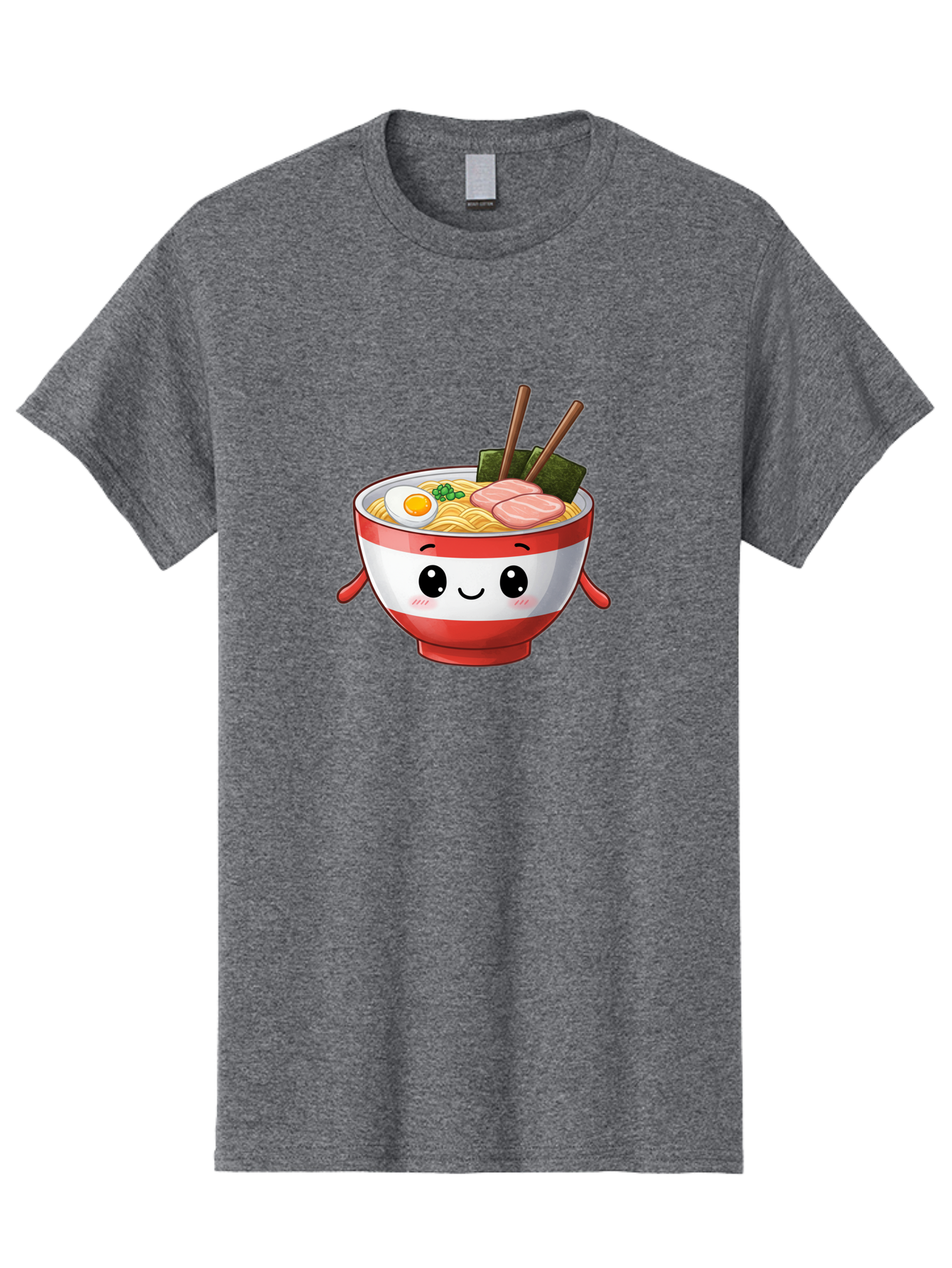 Ramen-Noodle-Bowl Men'S Graphic Tee, 100% Cotton, Comfortable Casual Summer Wear, Machine Washable, Cartoon Ramen Bowl, Japanese Food, Noodle Soup, Egg, Pork Slices, Seaweed, Chopsticks, Kawaii Character, Cute Design, Anime Style Bab307