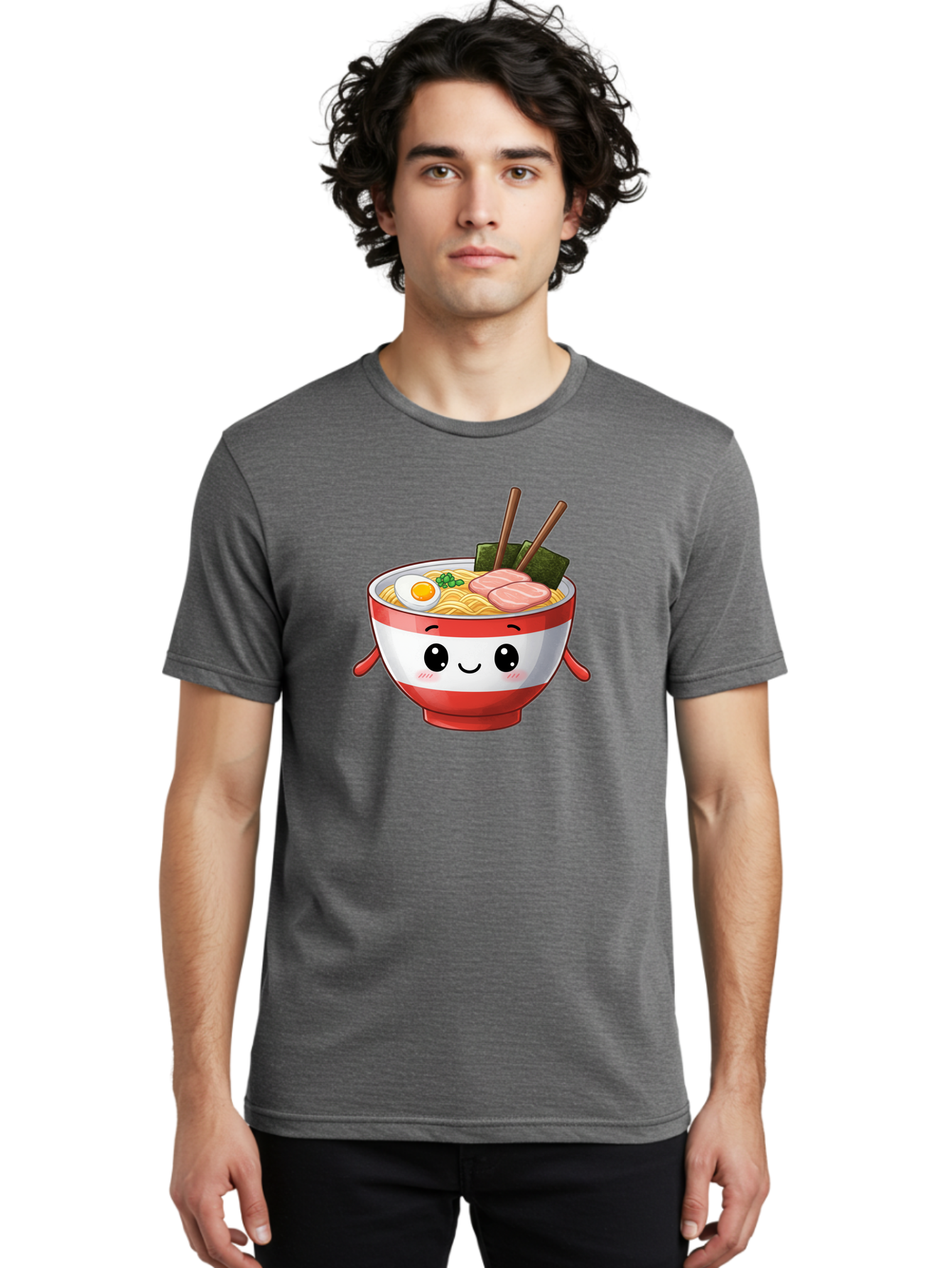 Ramen-Noodle-Bowl Men'S Graphic Tee, 100% Cotton, Comfortable Casual Summer Wear, Machine Washable, Cartoon Ramen Bowl, Japanese Food, Noodle Soup, Egg, Pork Slices, Seaweed, Chopsticks, Kawaii Character, Cute Design, Anime Style Bab307