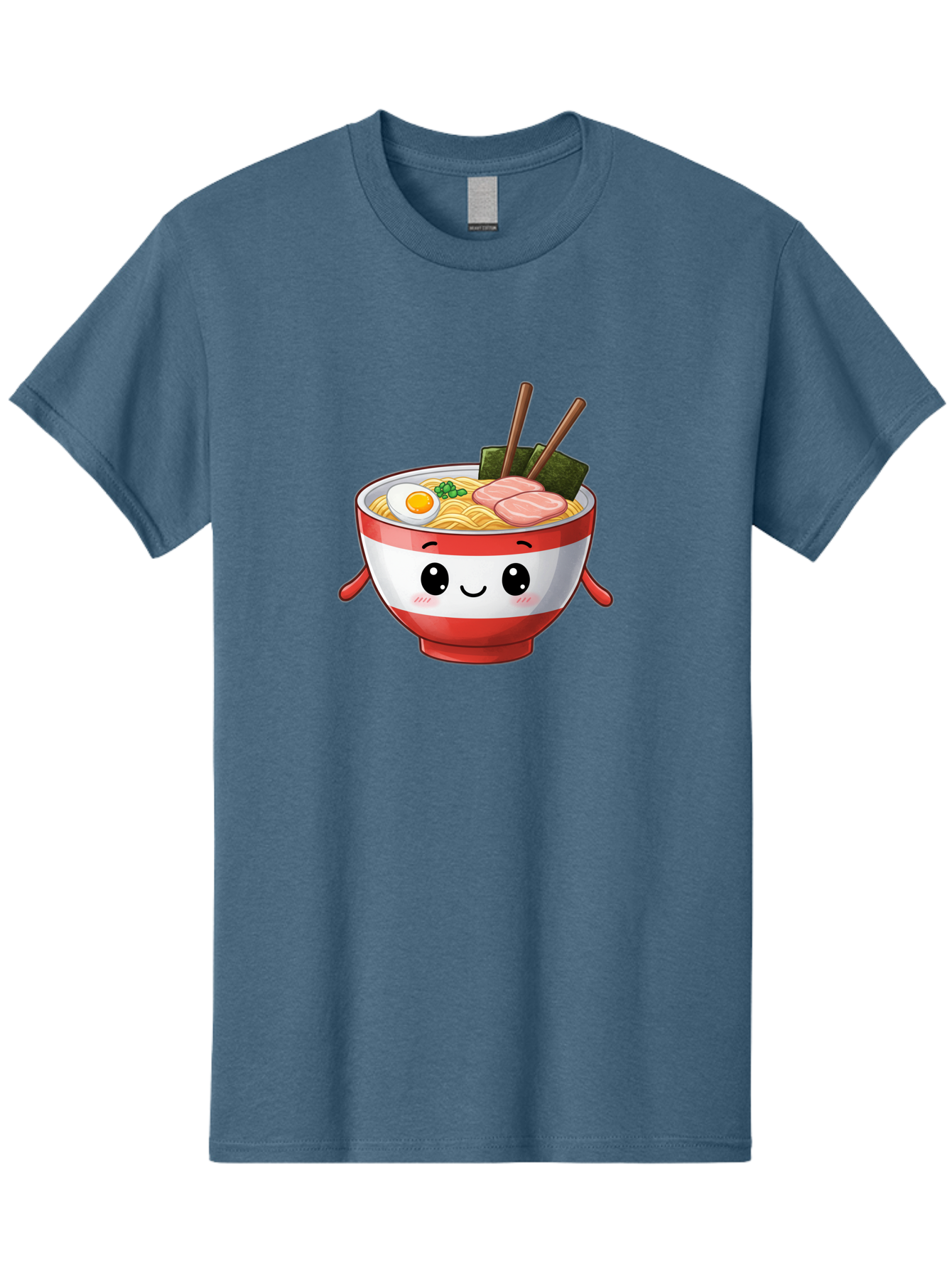 Ramen-Noodle-Bowl Men'S Graphic Tee, 100% Cotton, Comfortable Casual Summer Wear, Machine Washable, Cartoon Ramen Bowl, Japanese Food, Noodle Soup, Egg, Pork Slices, Seaweed, Chopsticks, Kawaii Character, Cute Design, Anime Style Bab307