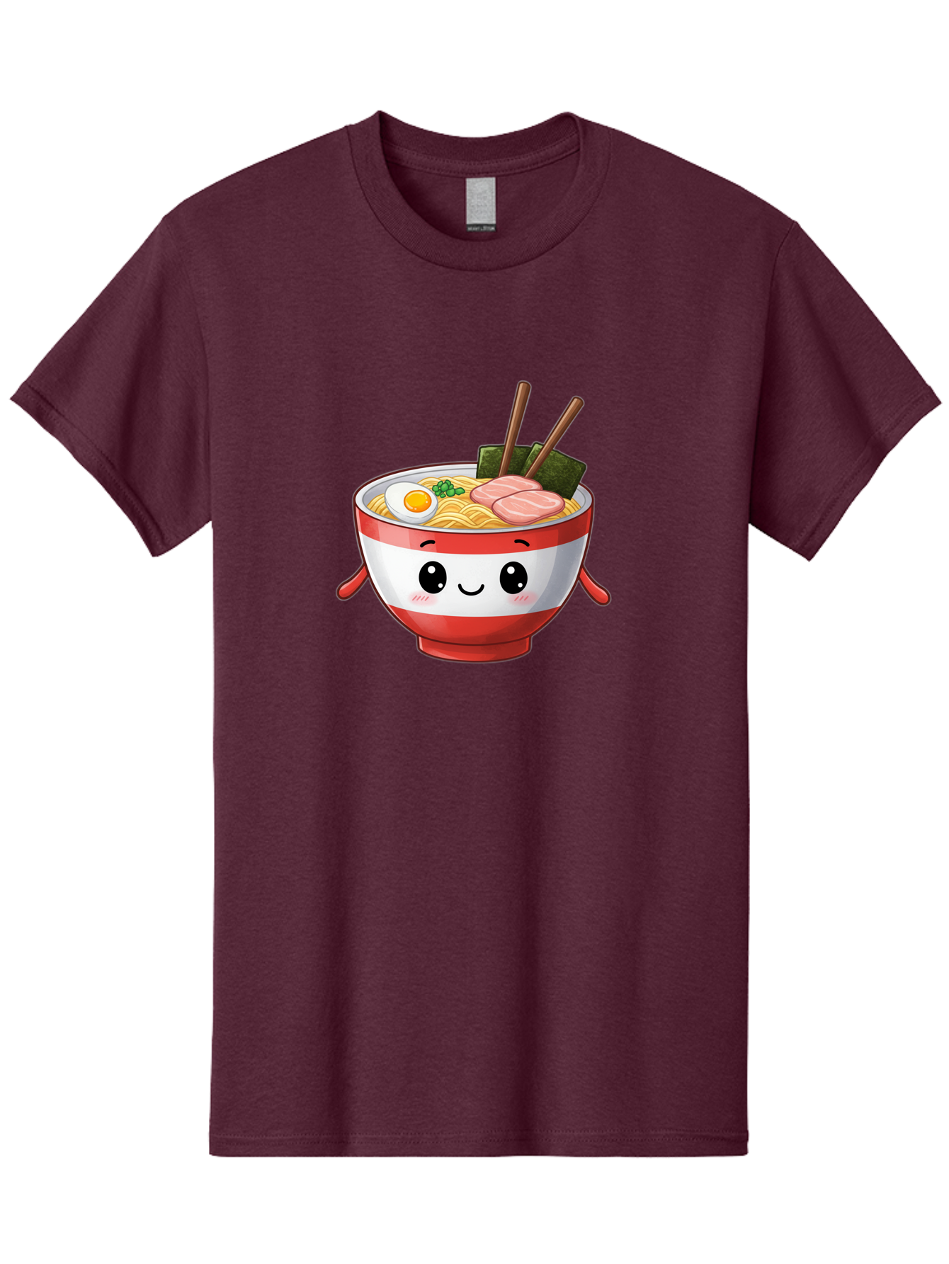 Ramen-Noodle-Bowl Men'S Graphic Tee, 100% Cotton, Comfortable Casual Summer Wear, Machine Washable, Cartoon Ramen Bowl, Japanese Food, Noodle Soup, Egg, Pork Slices, Seaweed, Chopsticks, Kawaii Character, Cute Design, Anime Style Bab307