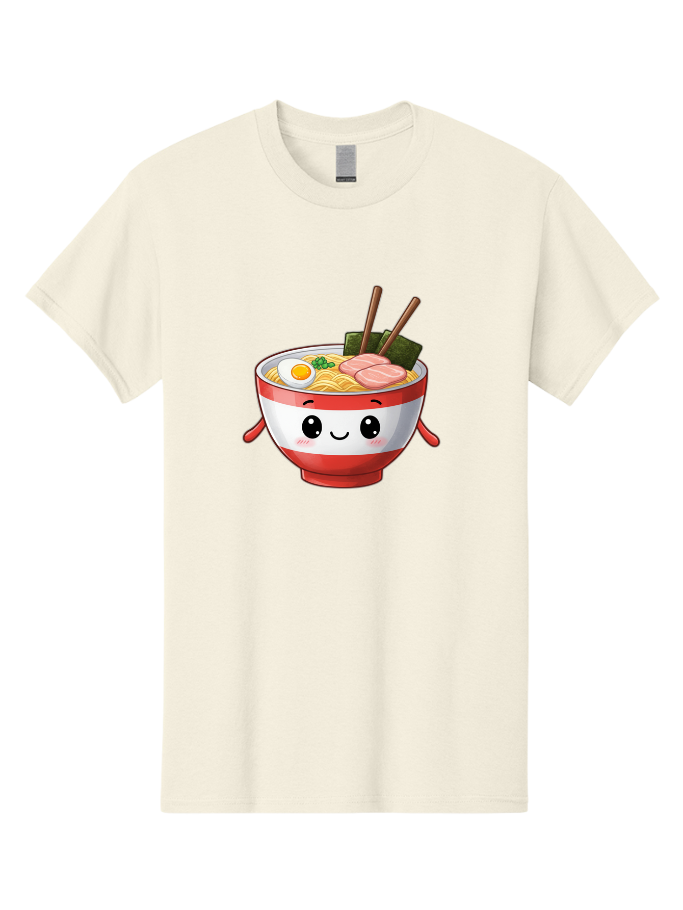 Ramen-Noodle-Bowl Men'S Graphic Tee, 100% Cotton, Comfortable Casual Summer Wear, Machine Washable, Cartoon Ramen Bowl, Japanese Food, Noodle Soup, Egg, Pork Slices, Seaweed, Chopsticks, Kawaii Character, Cute Design, Anime Style Bab307