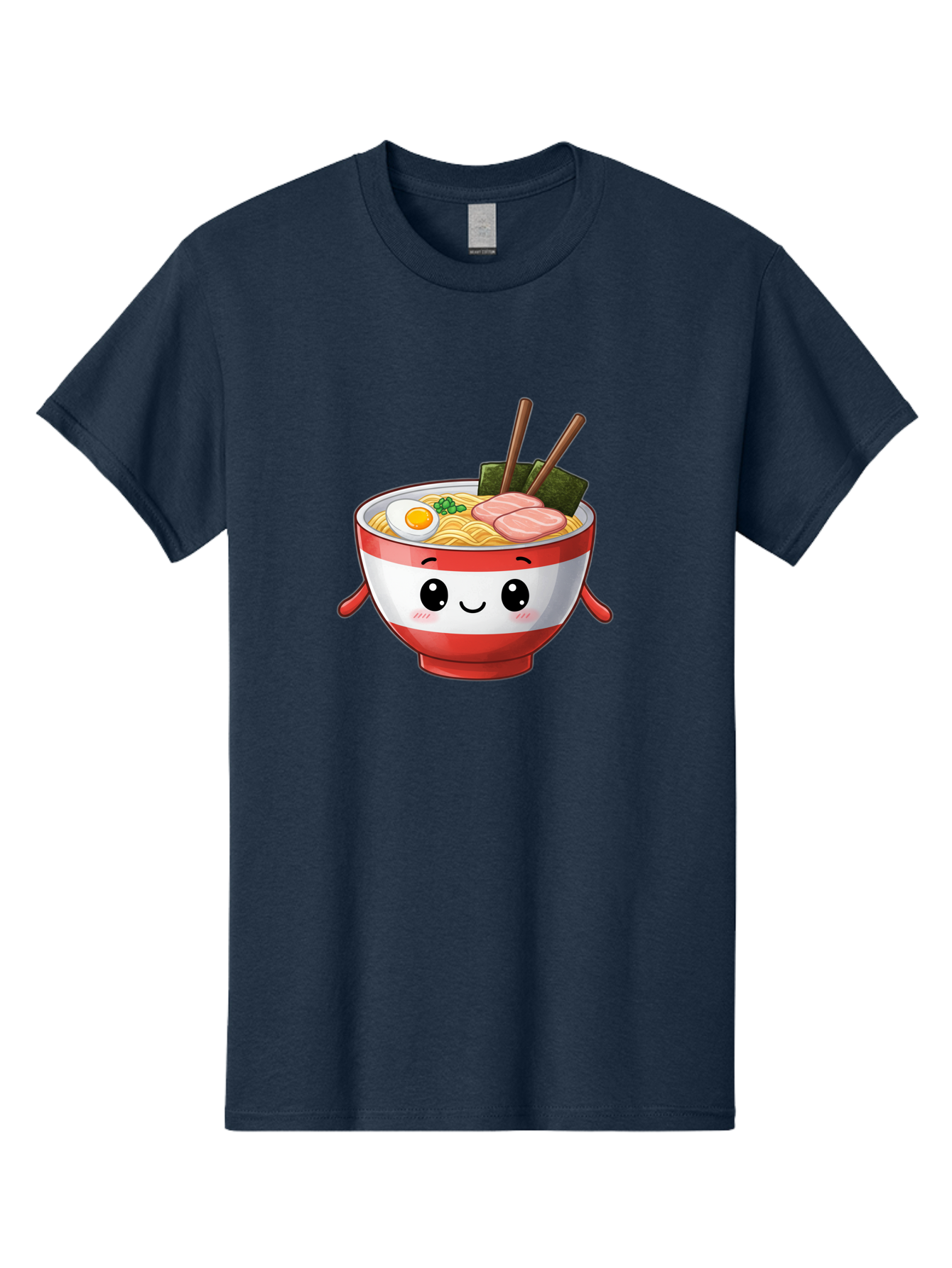 Ramen-Noodle-Bowl Men'S Graphic Tee, 100% Cotton, Comfortable Casual Summer Wear, Machine Washable, Cartoon Ramen Bowl, Japanese Food, Noodle Soup, Egg, Pork Slices, Seaweed, Chopsticks, Kawaii Character, Cute Design, Anime Style Bab307