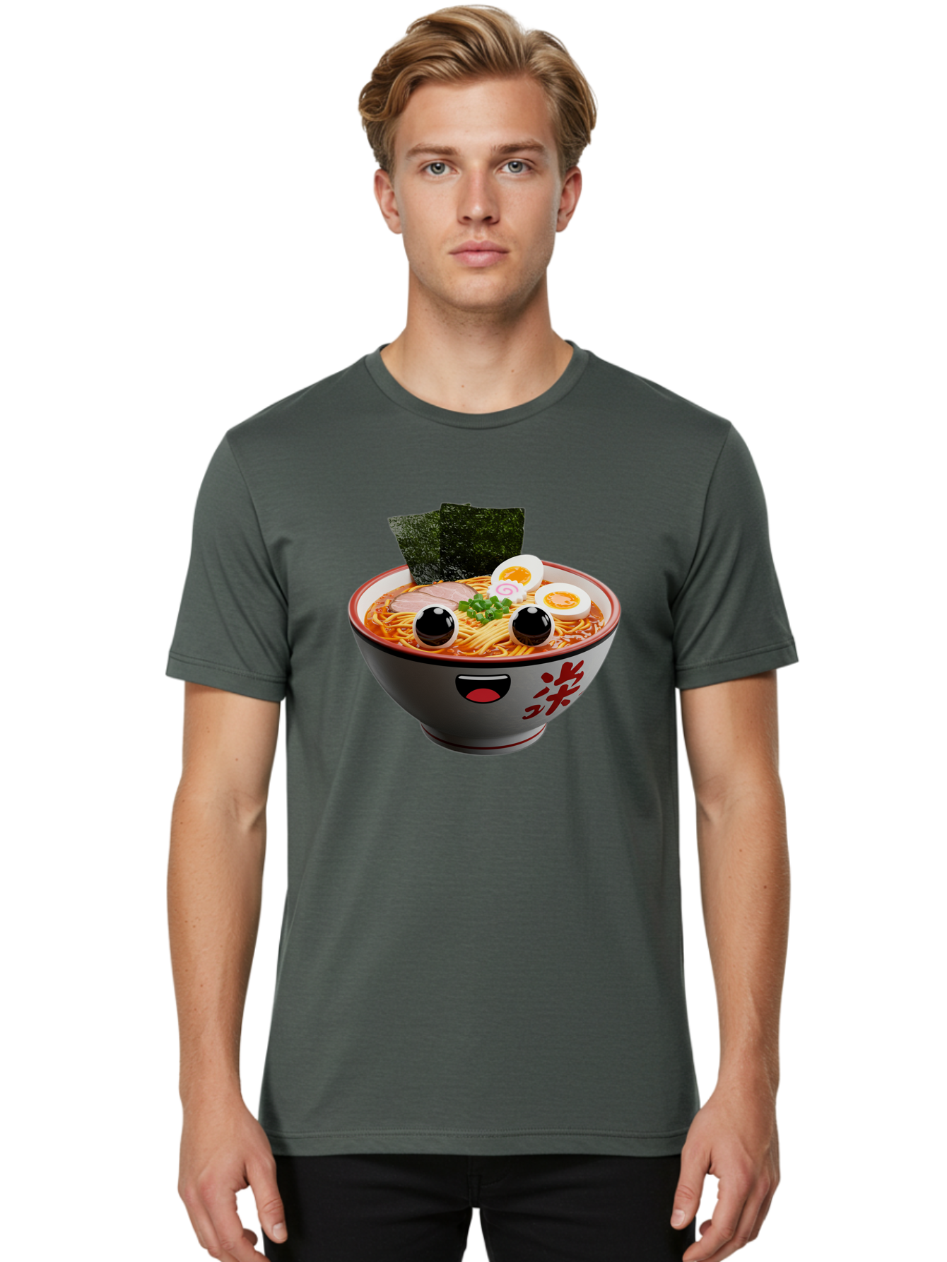 Ramen-Noodle Men'S Graphic Tee, 100% Cotton, Comfortable Casual Summer Wear, Machine Washable, Steaming Bowl Of Ramen, Japanese Cuisine, Noodle Soup, Sliced Pork, Boiled Egg, Green Onions, Seaweed, Cartoonish Illustration, Kawaii Food, Bab308