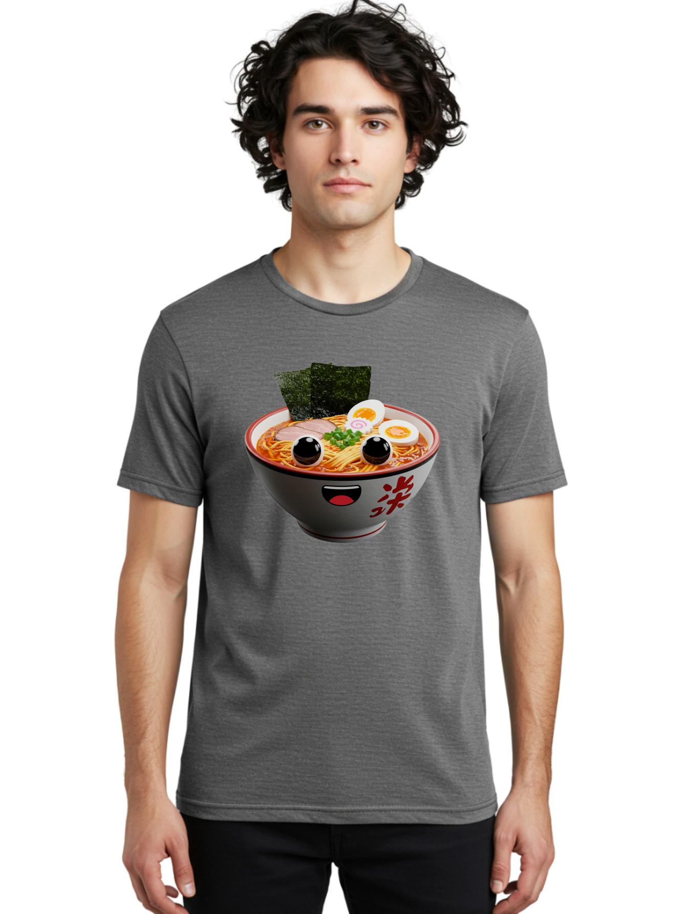 Ramen-Noodle Men'S Graphic Tee, 100% Cotton, Comfortable Casual Summer Wear, Machine Washable, Steaming Bowl Of Ramen, Japanese Cuisine, Noodle Soup, Sliced Pork, Boiled Egg, Green Onions, Seaweed, Cartoonish Illustration, Kawaii Food, Bab308