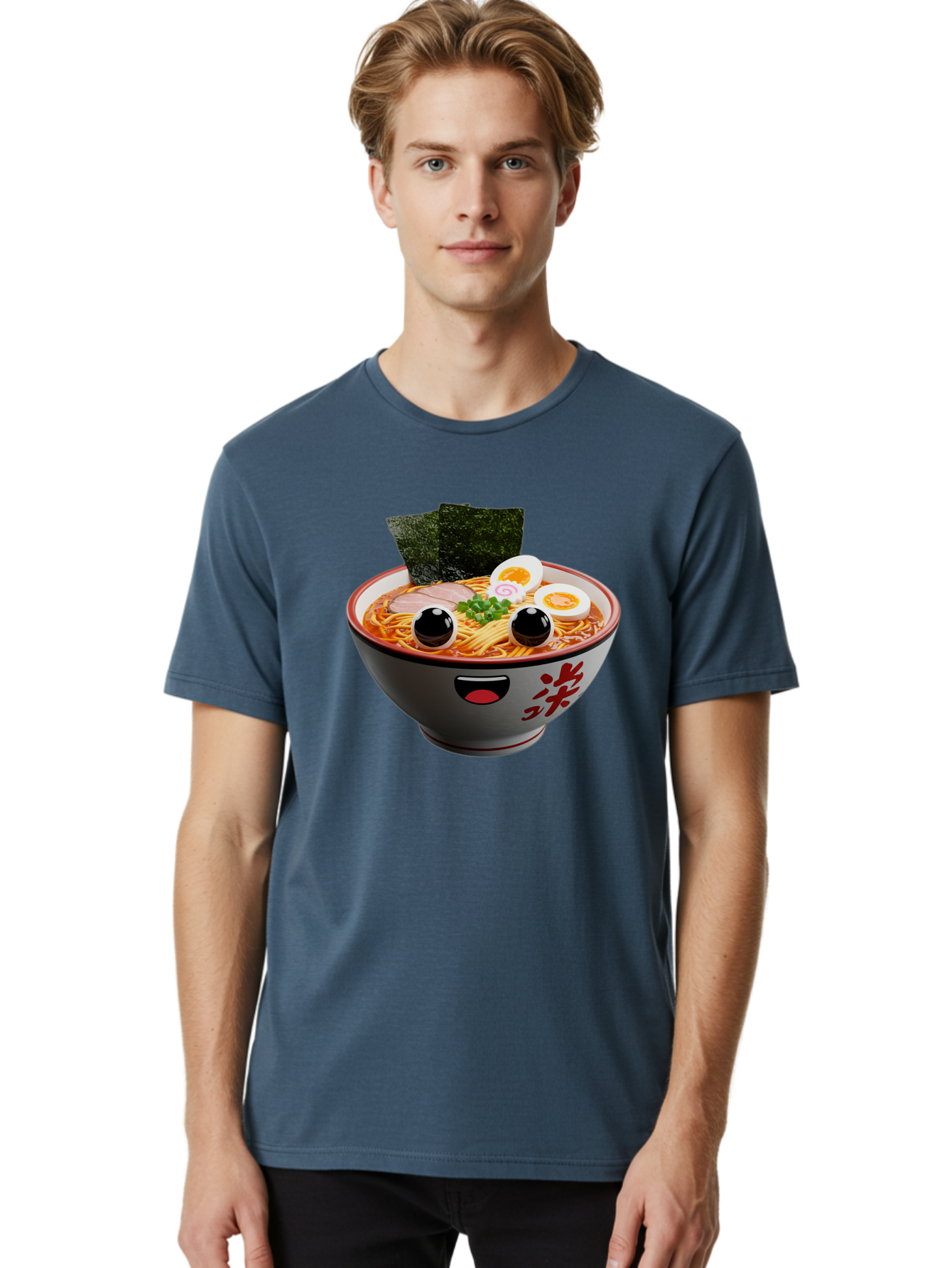 Ramen-Noodle Men'S Graphic Tee, 100% Cotton, Comfortable Casual Summer Wear, Machine Washable, Steaming Bowl Of Ramen, Japanese Cuisine, Noodle Soup, Sliced Pork, Boiled Egg, Green Onions, Seaweed, Cartoonish Illustration, Kawaii Food, Bab308
