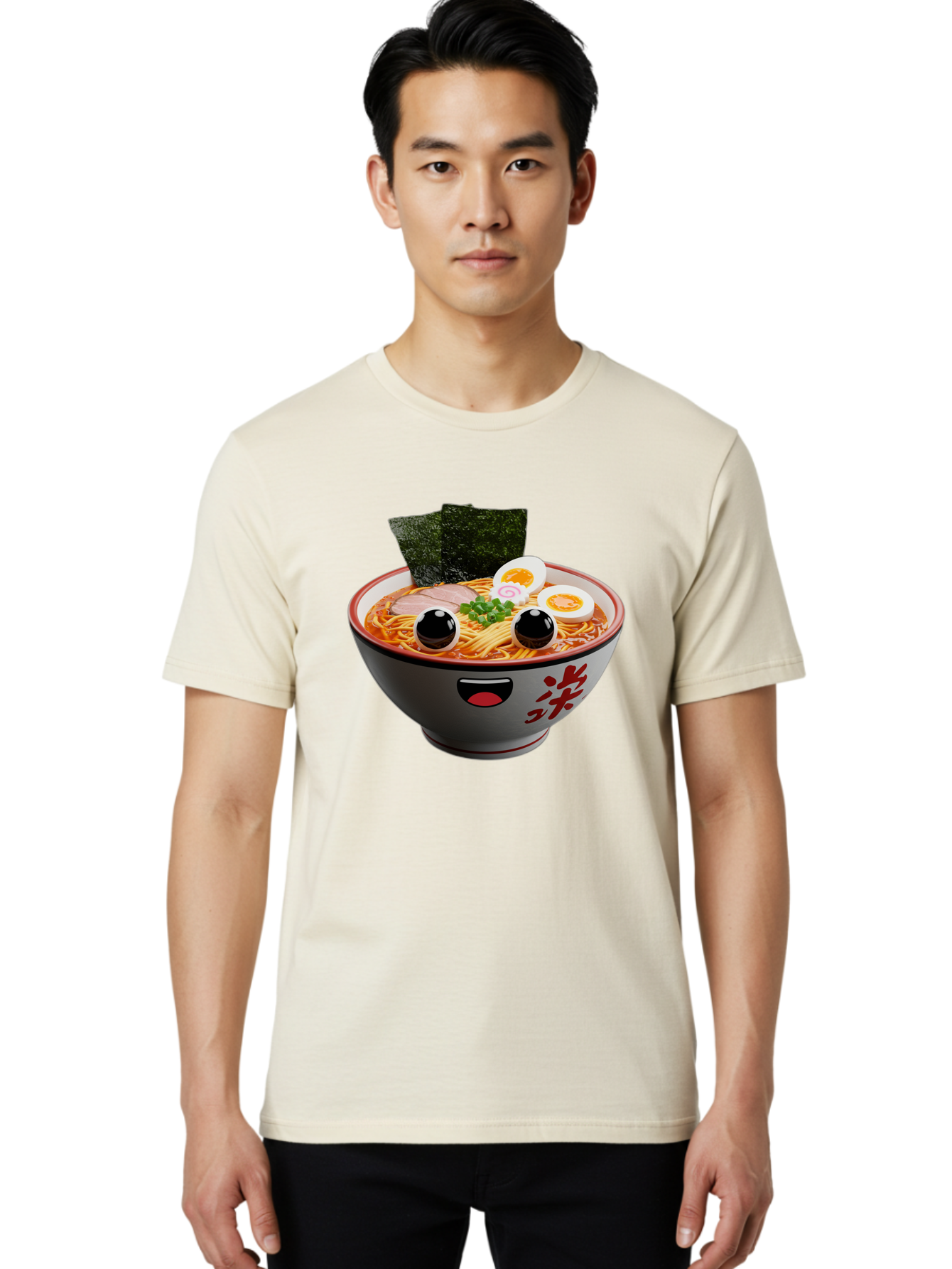 Ramen-Noodle Men'S Graphic Tee, 100% Cotton, Comfortable Casual Summer Wear, Machine Washable, Steaming Bowl Of Ramen, Japanese Cuisine, Noodle Soup, Sliced Pork, Boiled Egg, Green Onions, Seaweed, Cartoonish Illustration, Kawaii Food, Bab308
