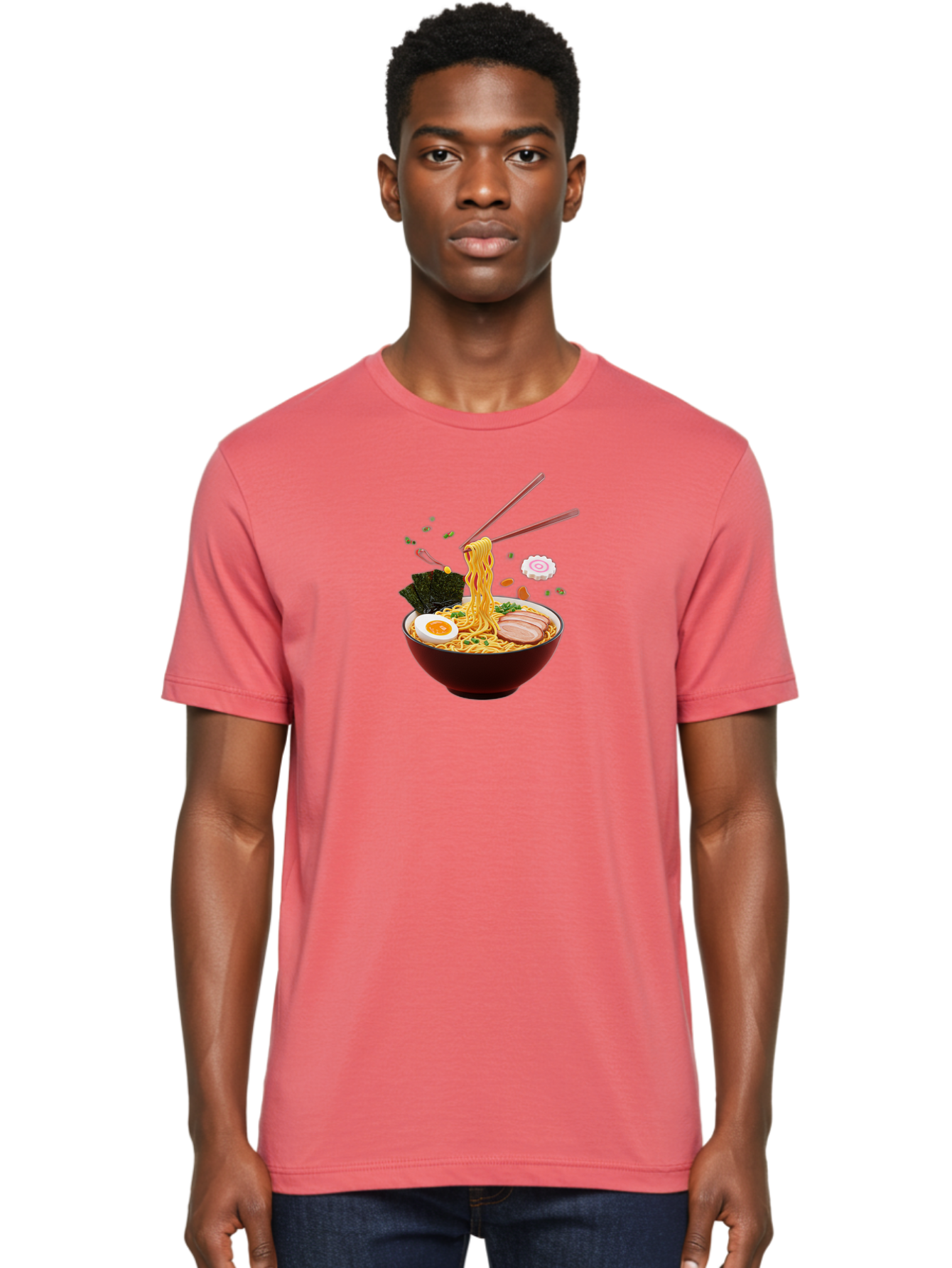 Ramen-Noodles-1 Men'S Graphic Tee, 100% Cotton, Comfortable Casual Summer Wear, Machine Washable, Bowl Of Ramen, Noodles, Sliced Egg, Seaweed, Pork Slices, Green Onions, Sesame Seeds, Chopsticks, Japanese Cuisine, Comfort Food, Savory Dish, Bab309