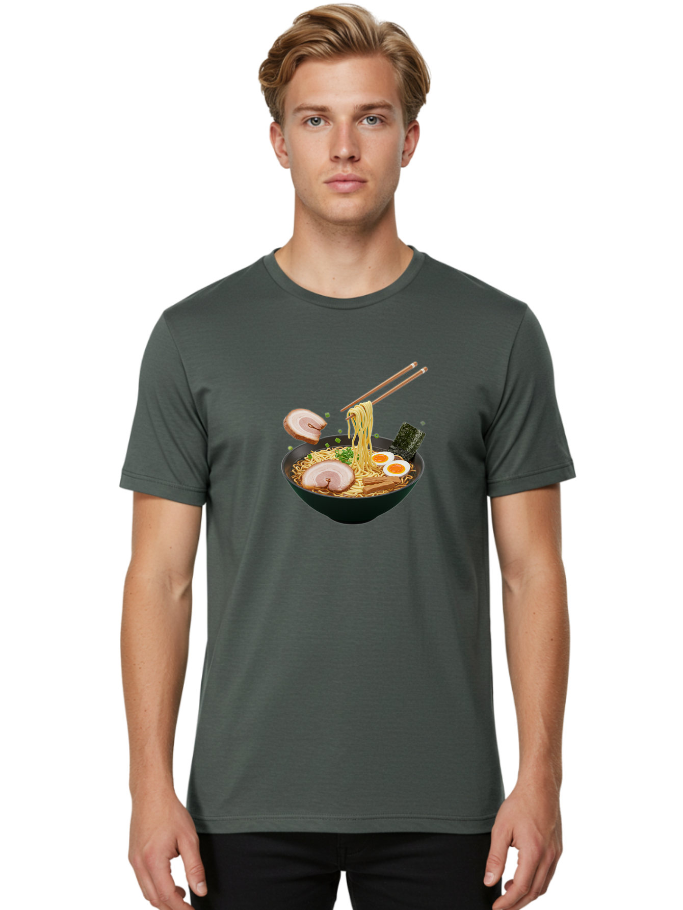 Ramen-Noodles-2 Men'S Graphic Tee, 100% Cotton, Comfortable Casual Summer Wear, Machine Washable, Ramen Noodles, Noodle Bowl, Japanese Cuisine, Pork Slices, Soft-Boiled Eggs, Seaweed, Bamboo Shoots, Chopsticks, Asian Food, Delicious Meal, Bab310