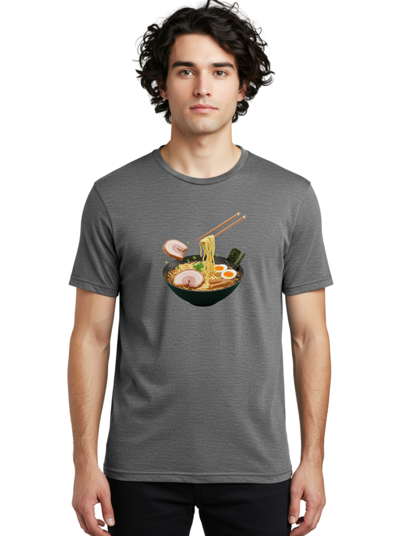 Ramen-Noodles-2 Men'S Graphic Tee, 100% Cotton, Comfortable Casual Summer Wear, Machine Washable, Ramen Noodles, Noodle Bowl, Japanese Cuisine, Pork Slices, Soft-Boiled Eggs, Seaweed, Bamboo Shoots, Chopsticks, Asian Food, Delicious Meal, Bab310