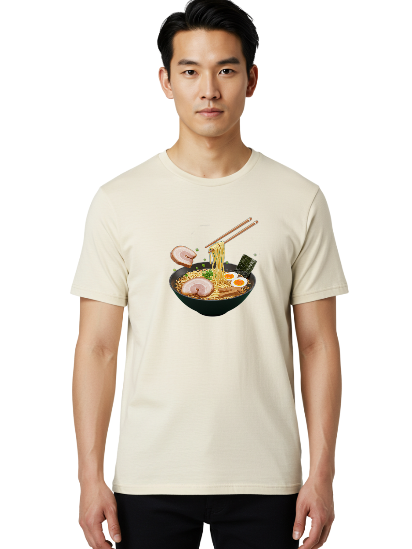 Ramen-Noodles-2 Men'S Graphic Tee, 100% Cotton, Comfortable Casual Summer Wear, Machine Washable, Ramen Noodles, Noodle Bowl, Japanese Cuisine, Pork Slices, Soft-Boiled Eggs, Seaweed, Bamboo Shoots, Chopsticks, Asian Food, Delicious Meal, Bab310