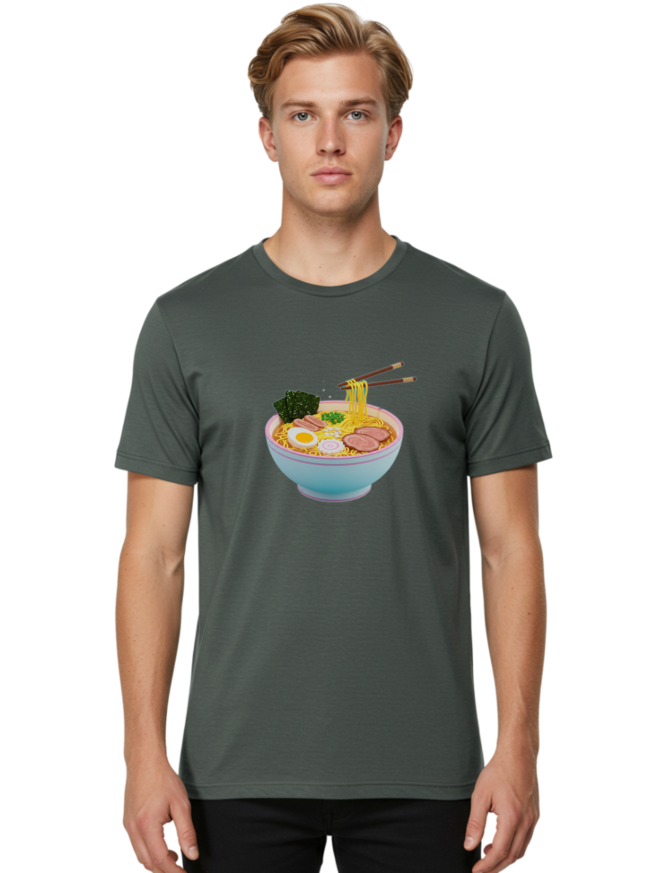 Ramen-Noodles-3 Men'S Graphic Tee, 100% Cotton, Comfortable Casual Summer Wear, Machine Washable, Ramen Noodles, Boiled Egg, Sliced Meat, Seaweed, Green Onions, Savory Broth, Asian Cuisine, Comfort Food, Noodle Soup, Chopsticks, Japanese Dish Bab311