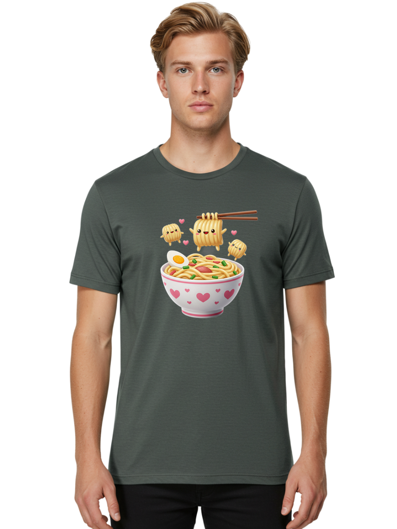 Ramen-Noodles-5 Men'S Graphic Tee, 100% Cotton, Comfortable Casual Summer Wear, Machine Washable, Cartoon Noodles, Happy Faces, Heart Designs, Bowl Of Noodles, Ramen, Egg, Chopsticks, Animated Characters, Kawaii, Digital Art, Cartoon Food, Bab313