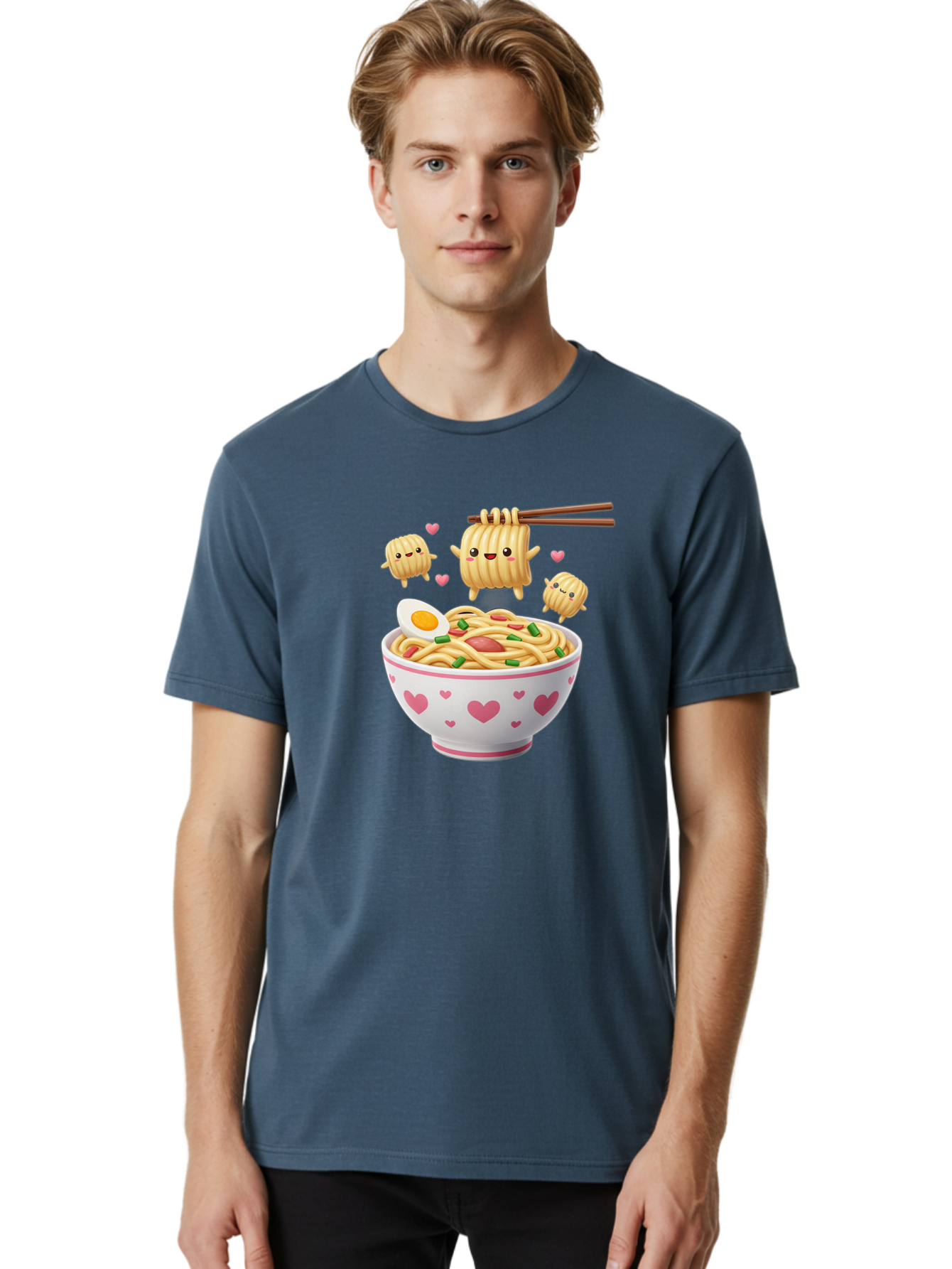 Ramen-Noodles-5 Men'S Graphic Tee, 100% Cotton, Comfortable Casual Summer Wear, Machine Washable, Cartoon Noodles, Happy Faces, Heart Designs, Bowl Of Noodles, Ramen, Egg, Chopsticks, Animated Characters, Kawaii, Digital Art, Cartoon Food, Bab313