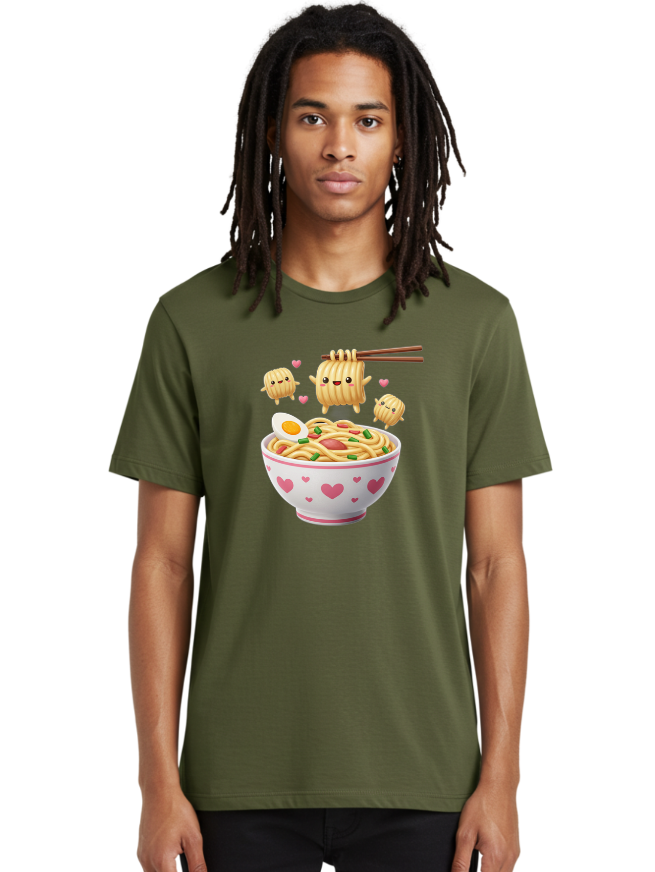 Ramen-Noodles-5 Men'S Graphic Tee, 100% Cotton, Comfortable Casual Summer Wear, Machine Washable, Cartoon Noodles, Happy Faces, Heart Designs, Bowl Of Noodles, Ramen, Egg, Chopsticks, Animated Characters, Kawaii, Digital Art, Cartoon Food, Bab313