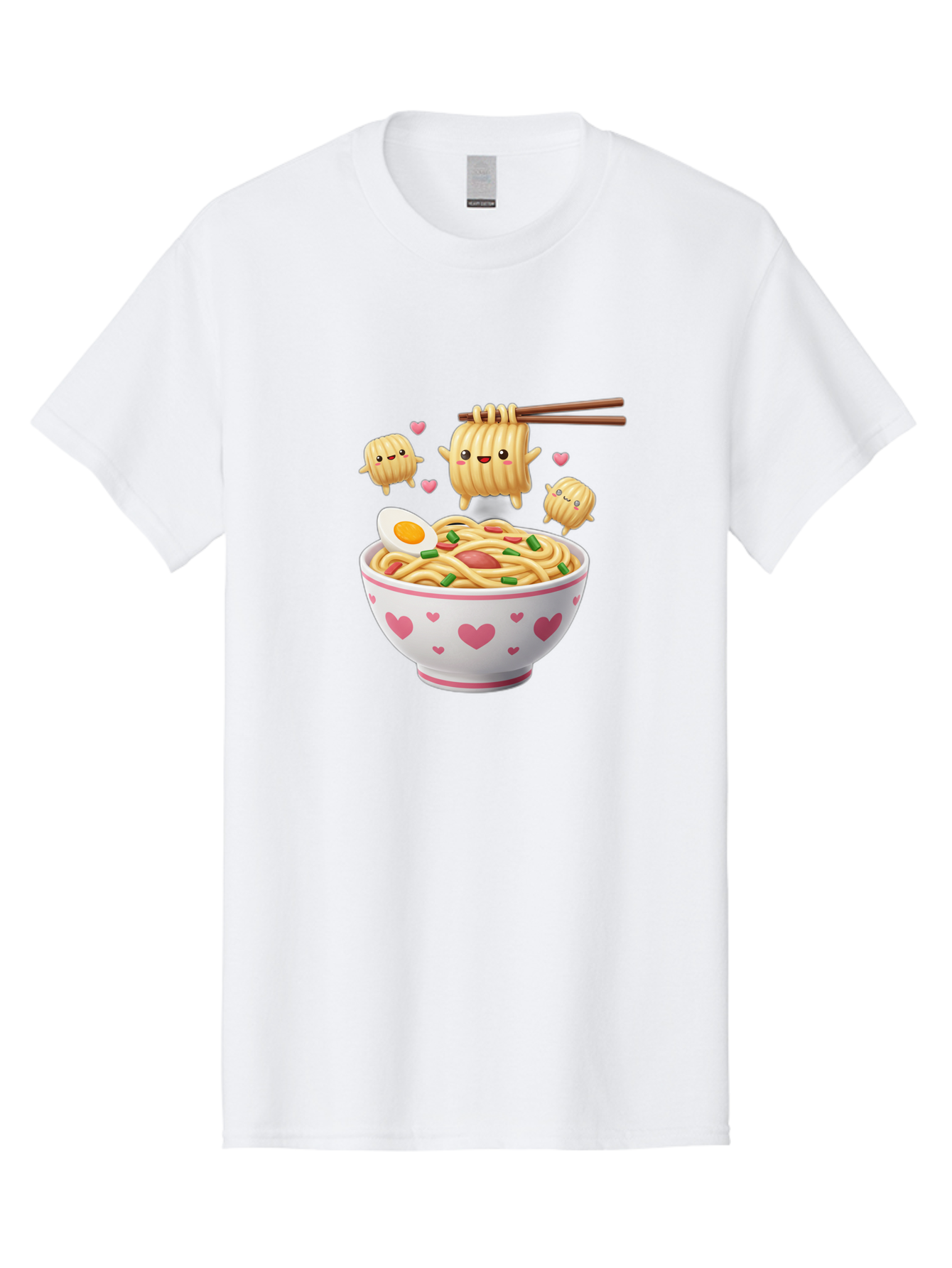 Ramen-Noodles-5 Men'S Graphic Tee, 100% Cotton, Comfortable Casual Summer Wear, Machine Washable, Cartoon Noodles, Happy Faces, Heart Designs, Bowl Of Noodles, Ramen, Egg, Chopsticks, Animated Characters, Kawaii, Digital Art, Cartoon Food, Bab313