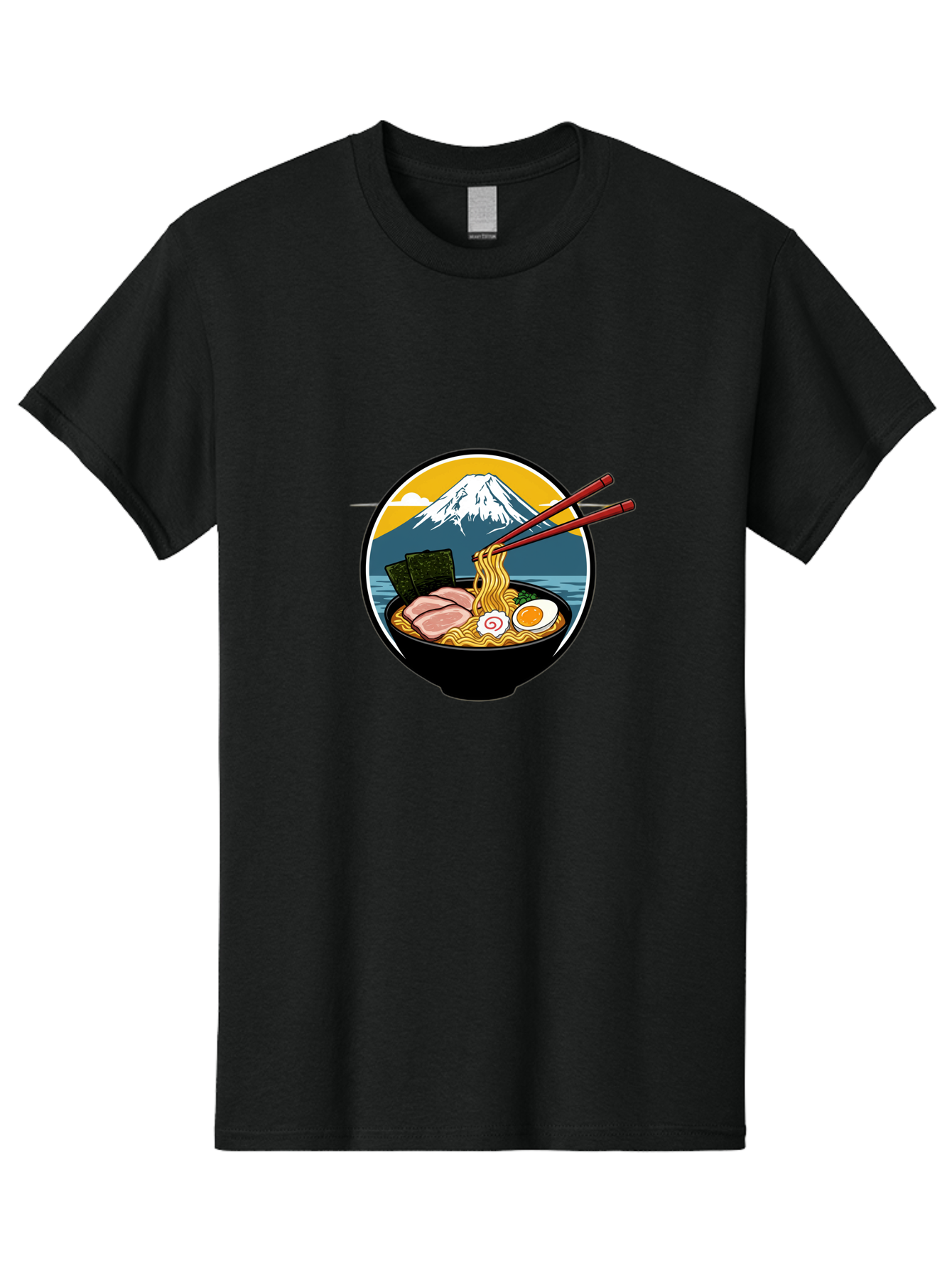 Ramen-Noodles-With-Mount-Fuji Men'S Graphic Tee, 100% Cotton, Comfortable Casual Summer Wear, Machine Washable, Steaming Bowl Of Ramen Noodles, Delicious Japanese Cuisine, Savory Pork Slices, Boiled Egg, Seaweed, Mount Fuji, Chopsticks, Bab315