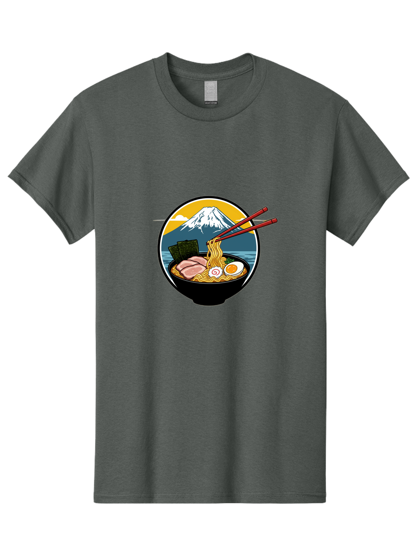 Ramen-Noodles-With-Mount-Fuji Men'S Graphic Tee, 100% Cotton, Comfortable Casual Summer Wear, Machine Washable, Steaming Bowl Of Ramen Noodles, Delicious Japanese Cuisine, Savory Pork Slices, Boiled Egg, Seaweed, Mount Fuji, Chopsticks, Bab315