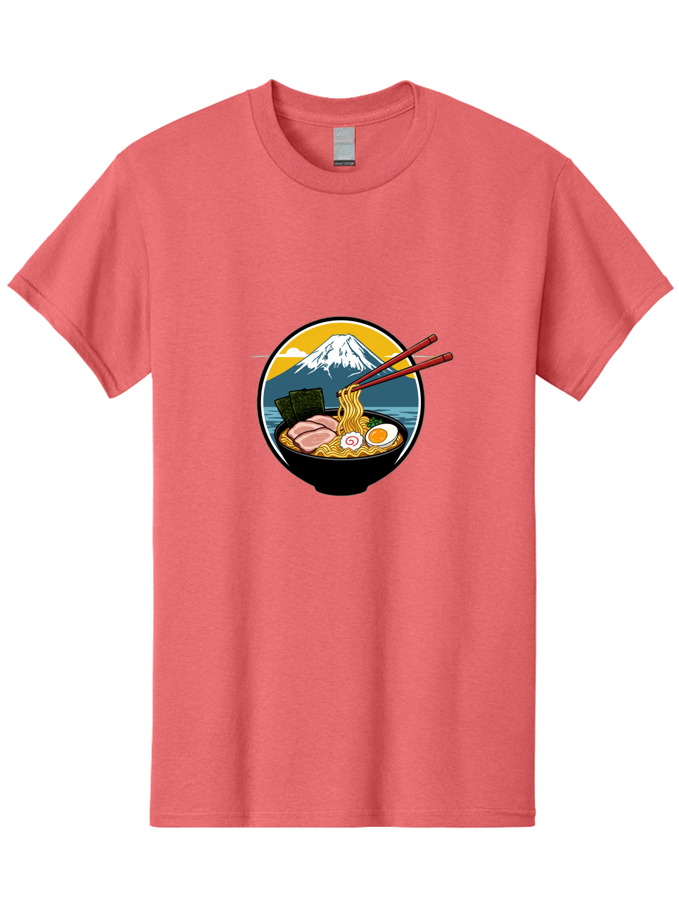 Ramen-Noodles-With-Mount-Fuji Men'S Graphic Tee, 100% Cotton, Comfortable Casual Summer Wear, Machine Washable, Steaming Bowl Of Ramen Noodles, Delicious Japanese Cuisine, Savory Pork Slices, Boiled Egg, Seaweed, Mount Fuji, Chopsticks, Bab315