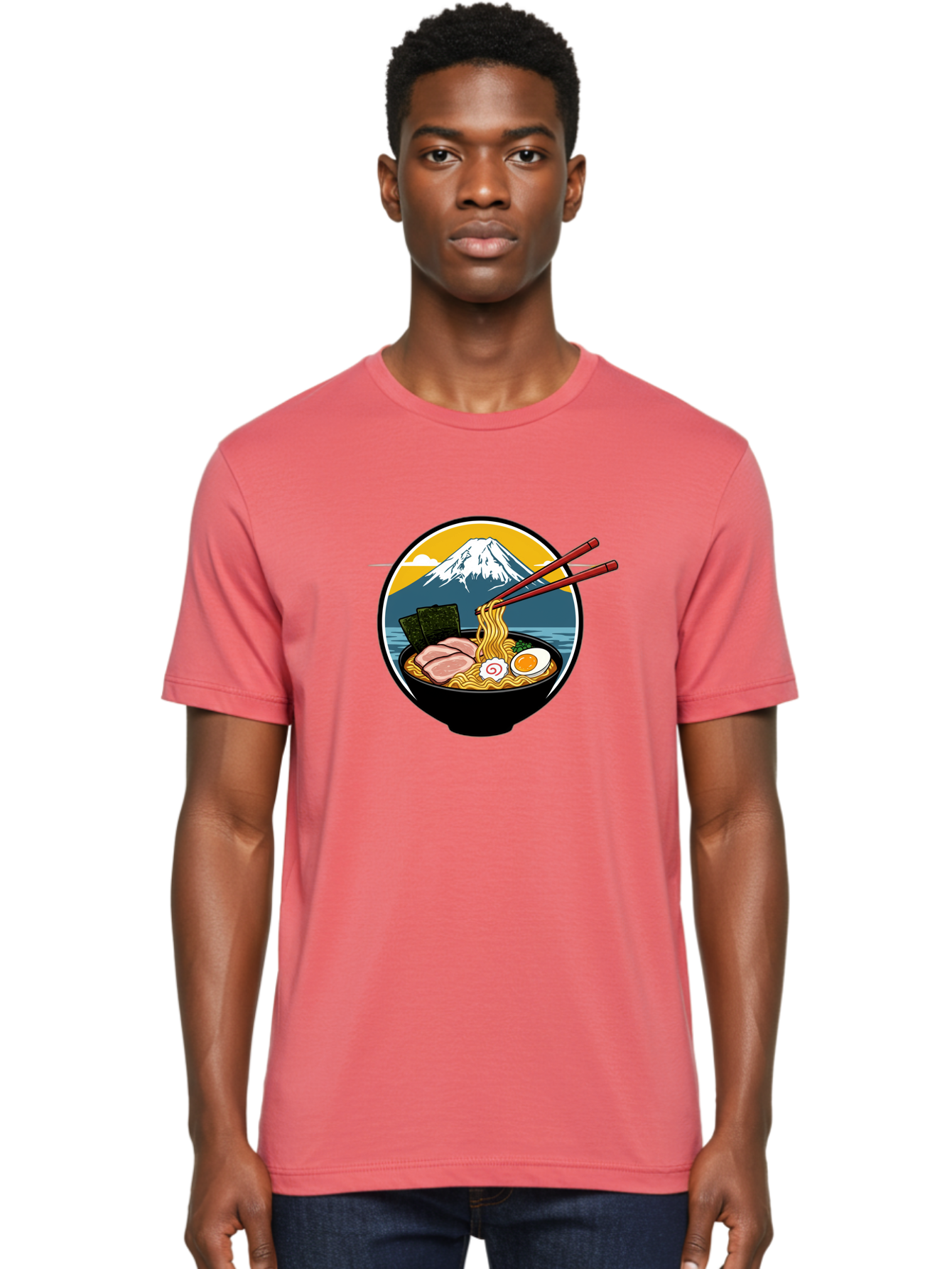 Ramen-Noodles-With-Mount-Fuji Men'S Graphic Tee, 100% Cotton, Comfortable Casual Summer Wear, Machine Washable, Steaming Bowl Of Ramen Noodles, Delicious Japanese Cuisine, Savory Pork Slices, Boiled Egg, Seaweed, Mount Fuji, Chopsticks, Bab315