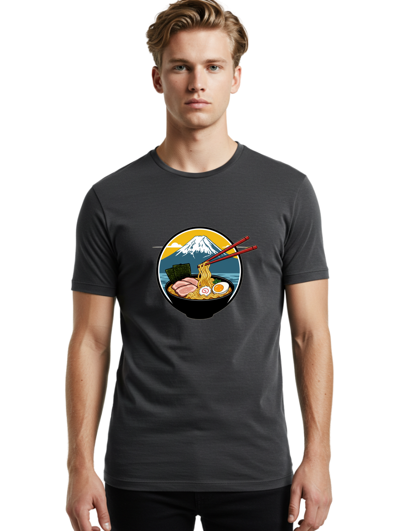 Ramen-Noodles-With-Mount-Fuji Men'S Graphic Tee, 100% Cotton, Comfortable Casual Summer Wear, Machine Washable, Steaming Bowl Of Ramen Noodles, Delicious Japanese Cuisine, Savory Pork Slices, Boiled Egg, Seaweed, Mount Fuji, Chopsticks, Bab315