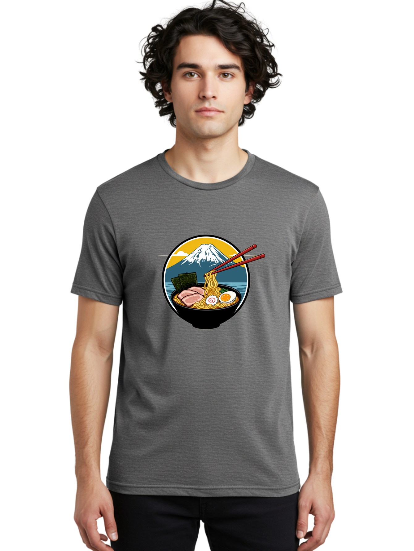 Ramen-Noodles-With-Mount-Fuji Men'S Graphic Tee, 100% Cotton, Comfortable Casual Summer Wear, Machine Washable, Steaming Bowl Of Ramen Noodles, Delicious Japanese Cuisine, Savory Pork Slices, Boiled Egg, Seaweed, Mount Fuji, Chopsticks, Bab315