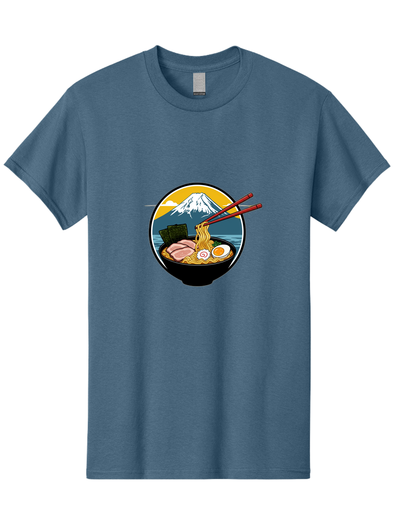 Ramen-Noodles-With-Mount-Fuji Men'S Graphic Tee, 100% Cotton, Comfortable Casual Summer Wear, Machine Washable, Steaming Bowl Of Ramen Noodles, Delicious Japanese Cuisine, Savory Pork Slices, Boiled Egg, Seaweed, Mount Fuji, Chopsticks, Bab315