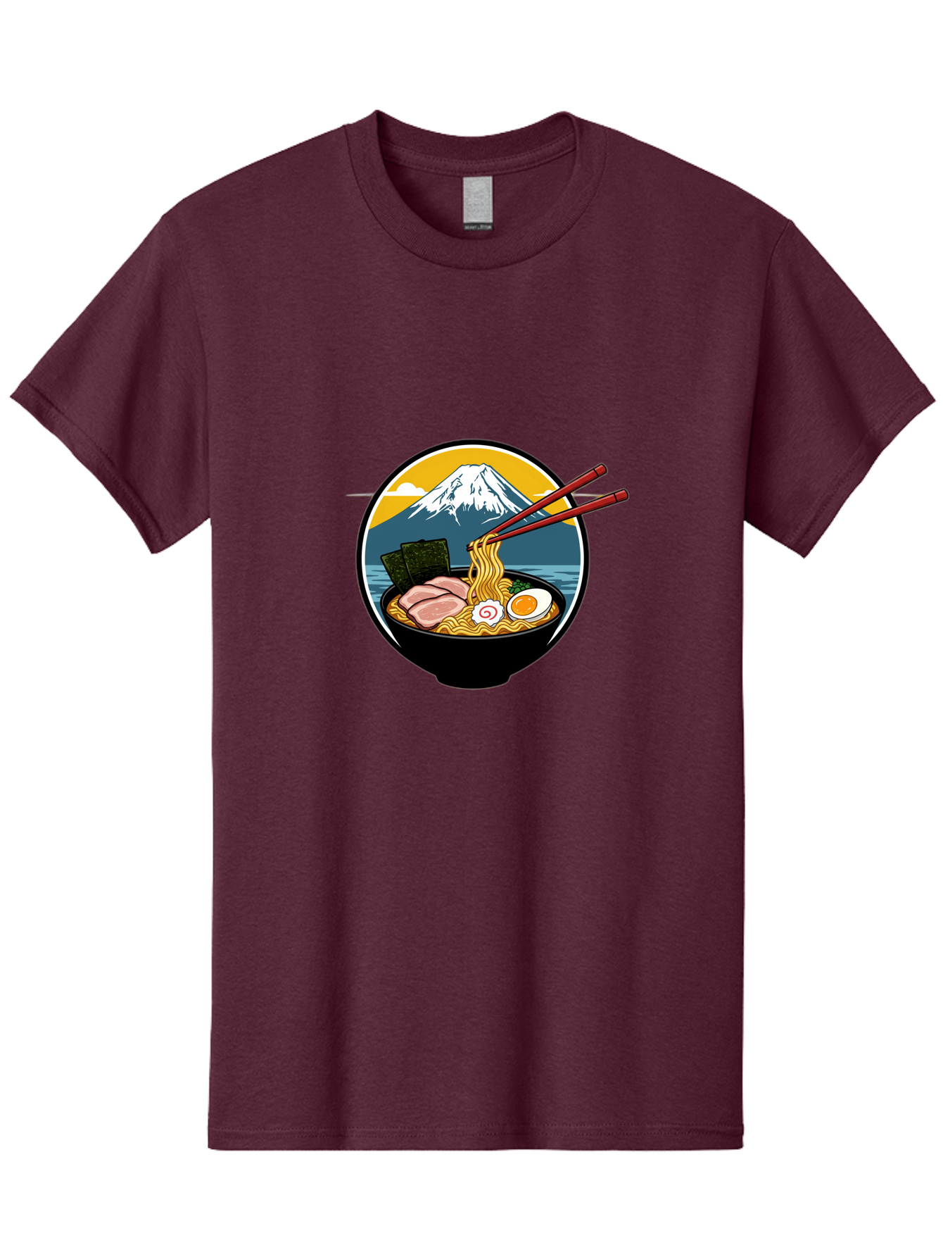Ramen-Noodles-With-Mount-Fuji Men'S Graphic Tee, 100% Cotton, Comfortable Casual Summer Wear, Machine Washable, Steaming Bowl Of Ramen Noodles, Delicious Japanese Cuisine, Savory Pork Slices, Boiled Egg, Seaweed, Mount Fuji, Chopsticks, Bab315