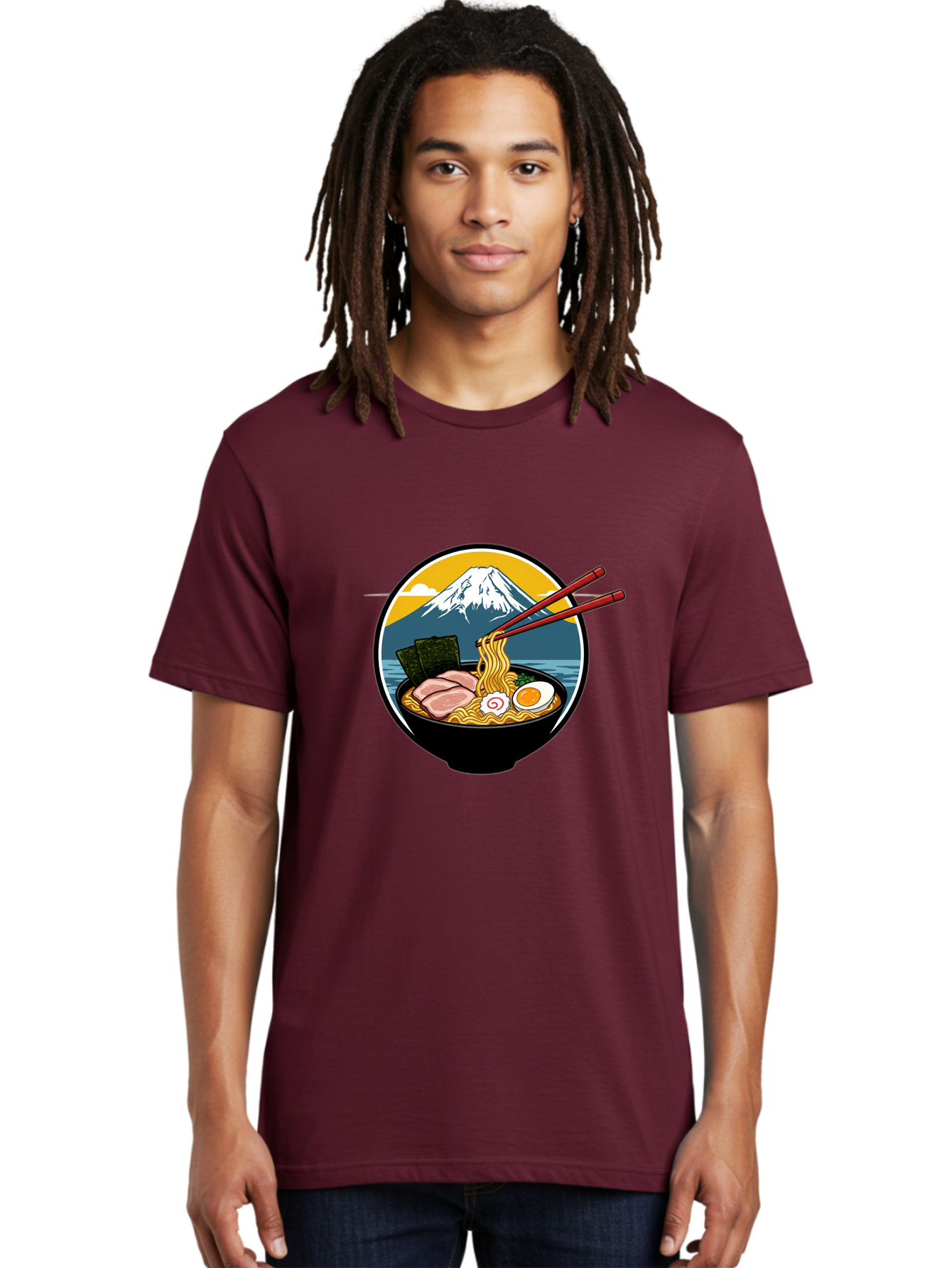 Ramen-Noodles-With-Mount-Fuji Men'S Graphic Tee, 100% Cotton, Comfortable Casual Summer Wear, Machine Washable, Steaming Bowl Of Ramen Noodles, Delicious Japanese Cuisine, Savory Pork Slices, Boiled Egg, Seaweed, Mount Fuji, Chopsticks, Bab315