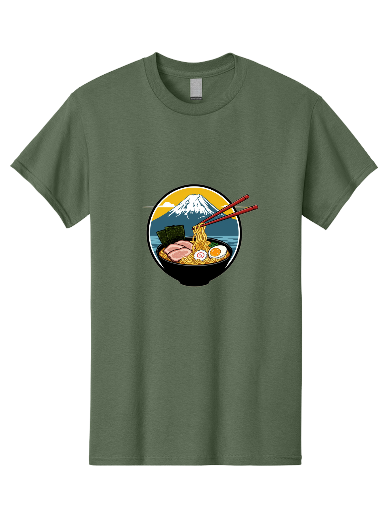 Ramen-Noodles-With-Mount-Fuji Men'S Graphic Tee, 100% Cotton, Comfortable Casual Summer Wear, Machine Washable, Steaming Bowl Of Ramen Noodles, Delicious Japanese Cuisine, Savory Pork Slices, Boiled Egg, Seaweed, Mount Fuji, Chopsticks, Bab315
