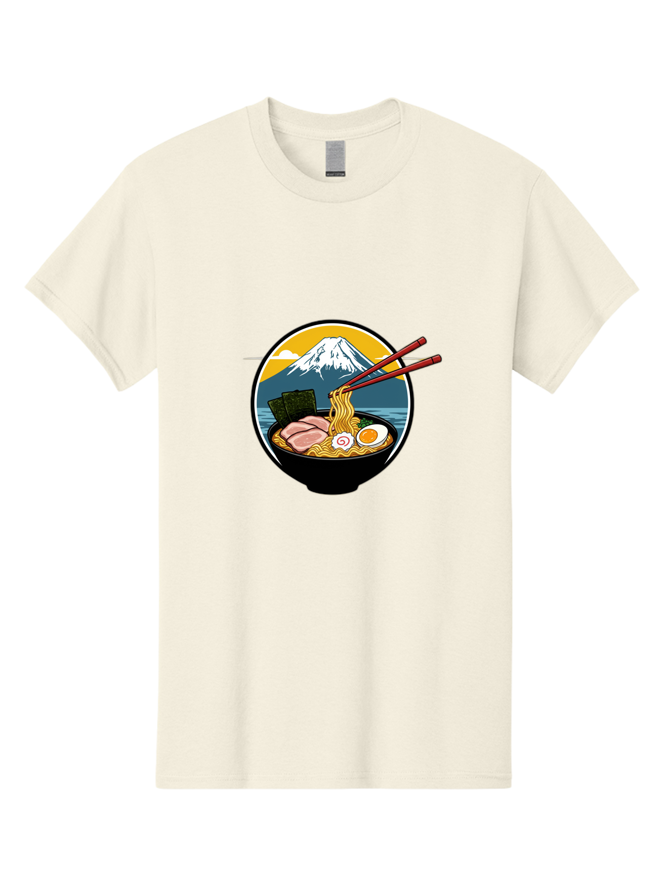 Ramen-Noodles-With-Mount-Fuji Men'S Graphic Tee, 100% Cotton, Comfortable Casual Summer Wear, Machine Washable, Steaming Bowl Of Ramen Noodles, Delicious Japanese Cuisine, Savory Pork Slices, Boiled Egg, Seaweed, Mount Fuji, Chopsticks, Bab315