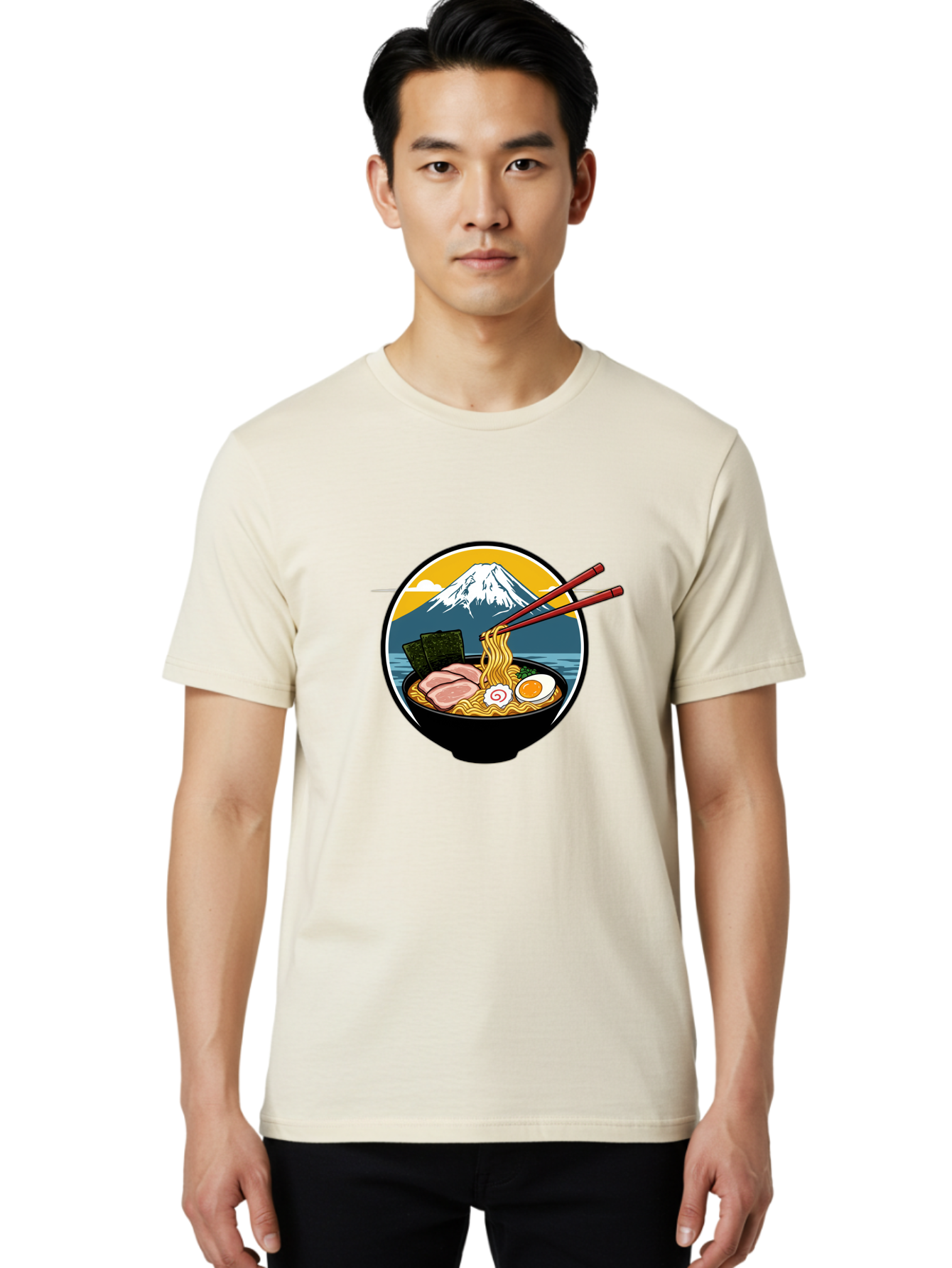Ramen-Noodles-With-Mount-Fuji Men'S Graphic Tee, 100% Cotton, Comfortable Casual Summer Wear, Machine Washable, Steaming Bowl Of Ramen Noodles, Delicious Japanese Cuisine, Savory Pork Slices, Boiled Egg, Seaweed, Mount Fuji, Chopsticks, Bab315