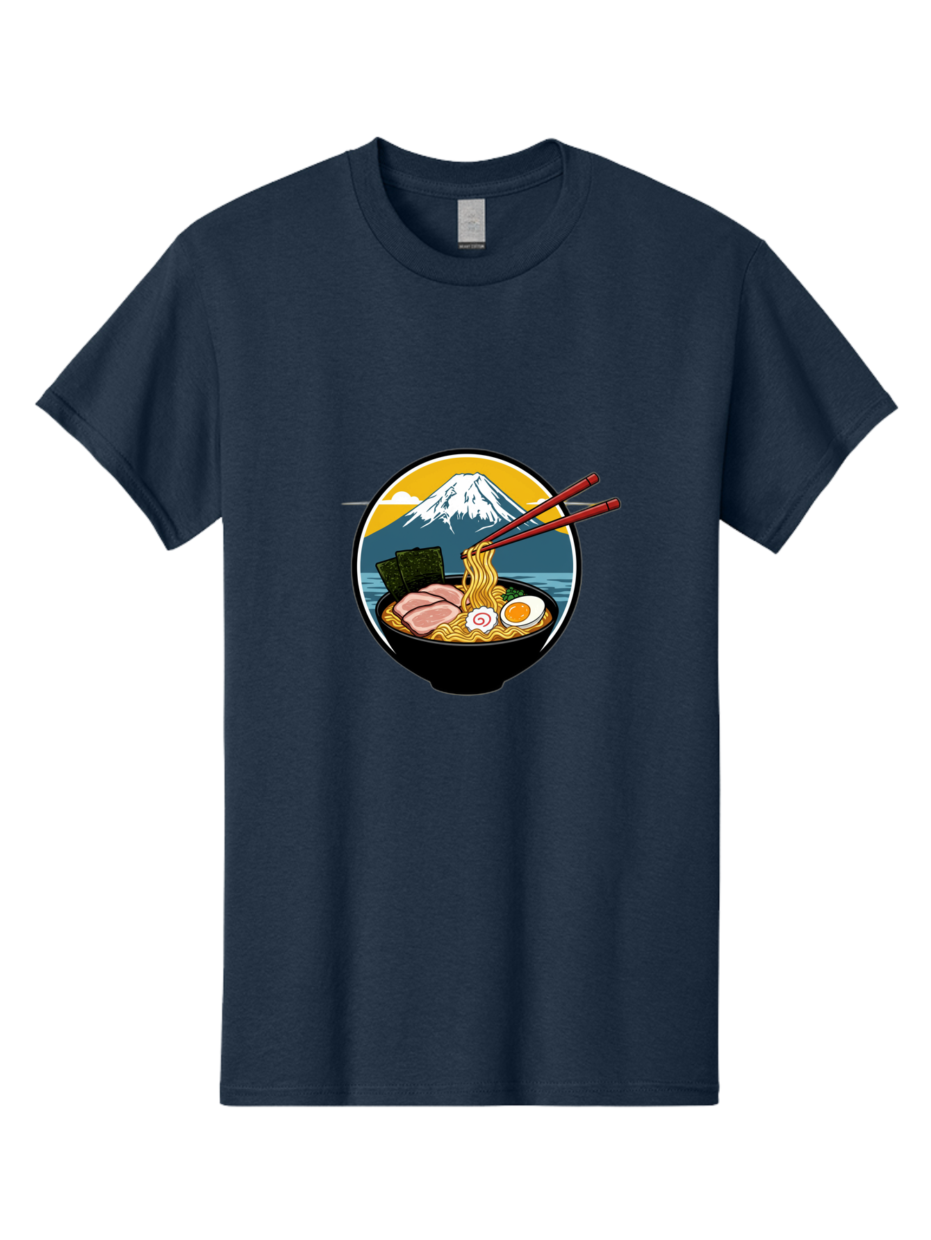 Ramen-Noodles-With-Mount-Fuji Men'S Graphic Tee, 100% Cotton, Comfortable Casual Summer Wear, Machine Washable, Steaming Bowl Of Ramen Noodles, Delicious Japanese Cuisine, Savory Pork Slices, Boiled Egg, Seaweed, Mount Fuji, Chopsticks, Bab315