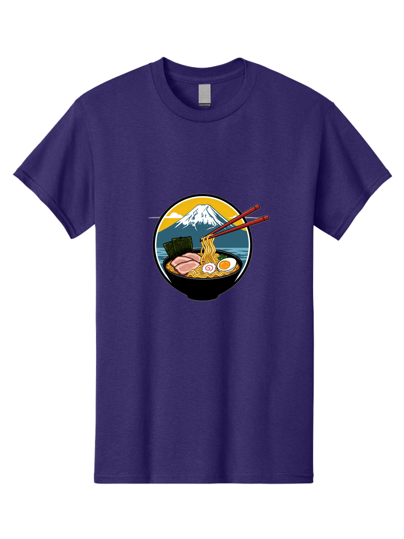 Ramen-Noodles-With-Mount-Fuji Men'S Graphic Tee, 100% Cotton, Comfortable Casual Summer Wear, Machine Washable, Steaming Bowl Of Ramen Noodles, Delicious Japanese Cuisine, Savory Pork Slices, Boiled Egg, Seaweed, Mount Fuji, Chopsticks, Bab315