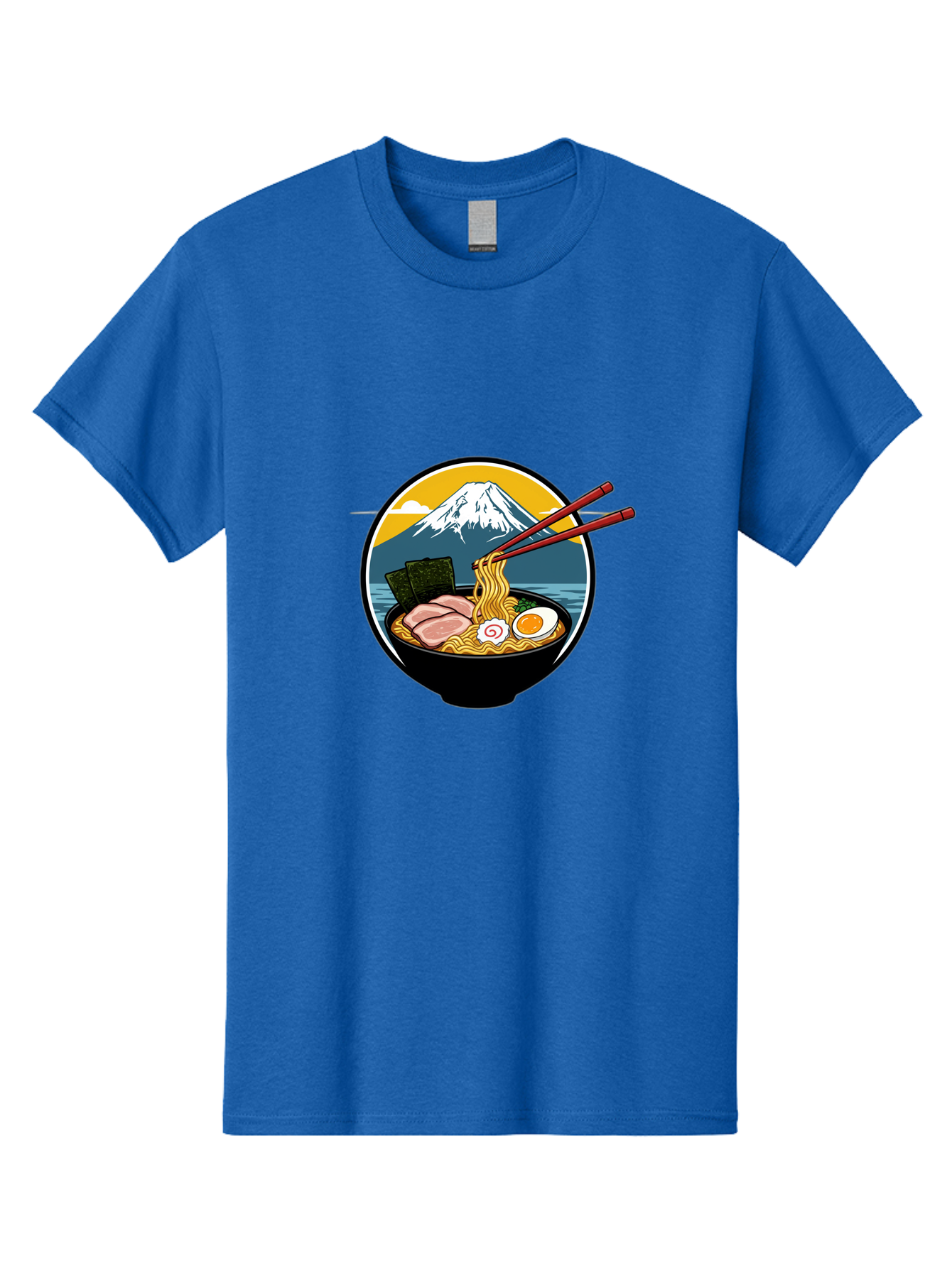 Ramen-Noodles-With-Mount-Fuji Men'S Graphic Tee, 100% Cotton, Comfortable Casual Summer Wear, Machine Washable, Steaming Bowl Of Ramen Noodles, Delicious Japanese Cuisine, Savory Pork Slices, Boiled Egg, Seaweed, Mount Fuji, Chopsticks, Bab315