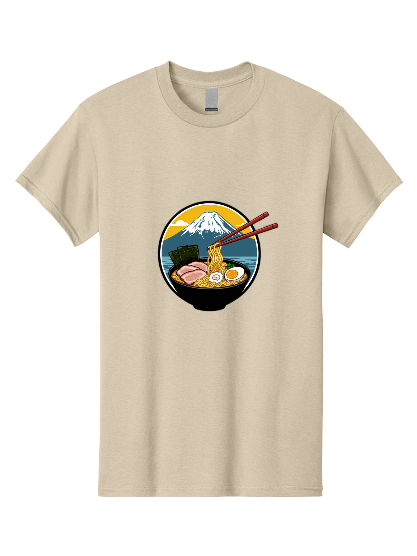 Ramen-Noodles-With-Mount-Fuji Men'S Graphic Tee, 100% Cotton, Comfortable Casual Summer Wear, Machine Washable, Steaming Bowl Of Ramen Noodles, Delicious Japanese Cuisine, Savory Pork Slices, Boiled Egg, Seaweed, Mount Fuji, Chopsticks, Bab315