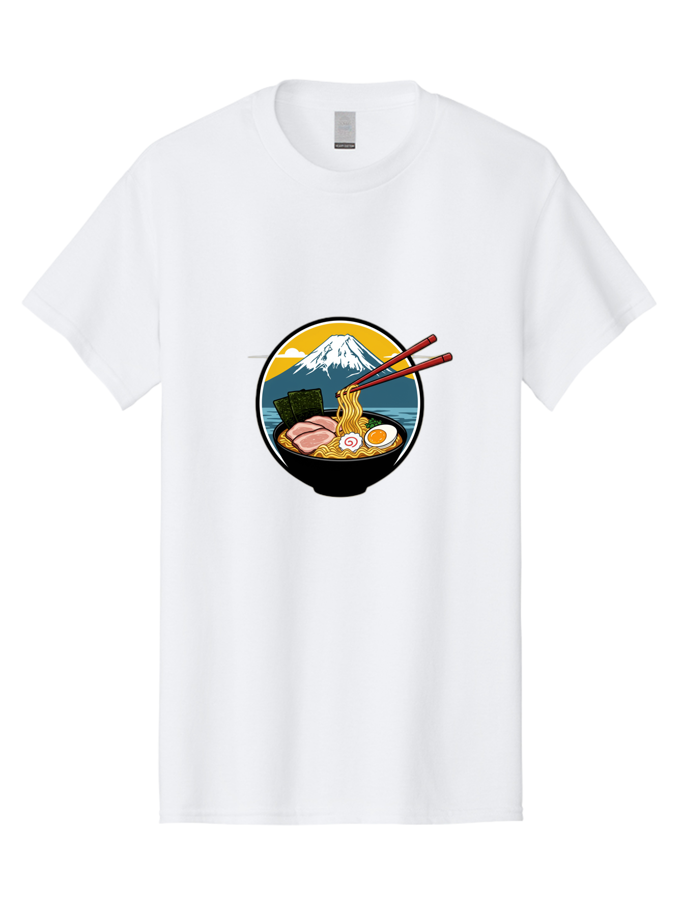 Ramen-Noodles-With-Mount-Fuji Men'S Graphic Tee, 100% Cotton, Comfortable Casual Summer Wear, Machine Washable, Steaming Bowl Of Ramen Noodles, Delicious Japanese Cuisine, Savory Pork Slices, Boiled Egg, Seaweed, Mount Fuji, Chopsticks, Bab315