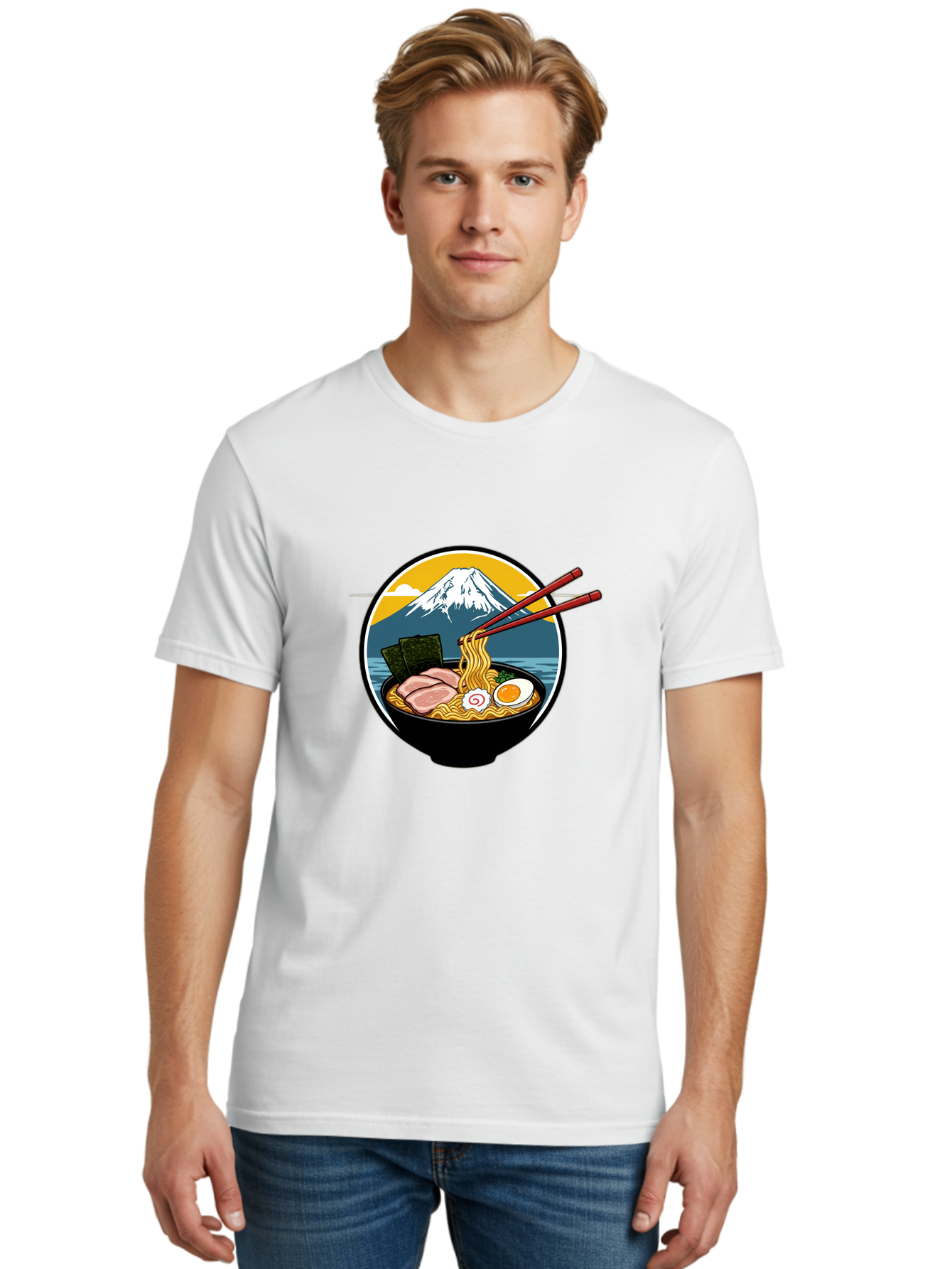 Ramen-Noodles-With-Mount-Fuji Men'S Graphic Tee, 100% Cotton, Comfortable Casual Summer Wear, Machine Washable, Steaming Bowl Of Ramen Noodles, Delicious Japanese Cuisine, Savory Pork Slices, Boiled Egg, Seaweed, Mount Fuji, Chopsticks, Bab315