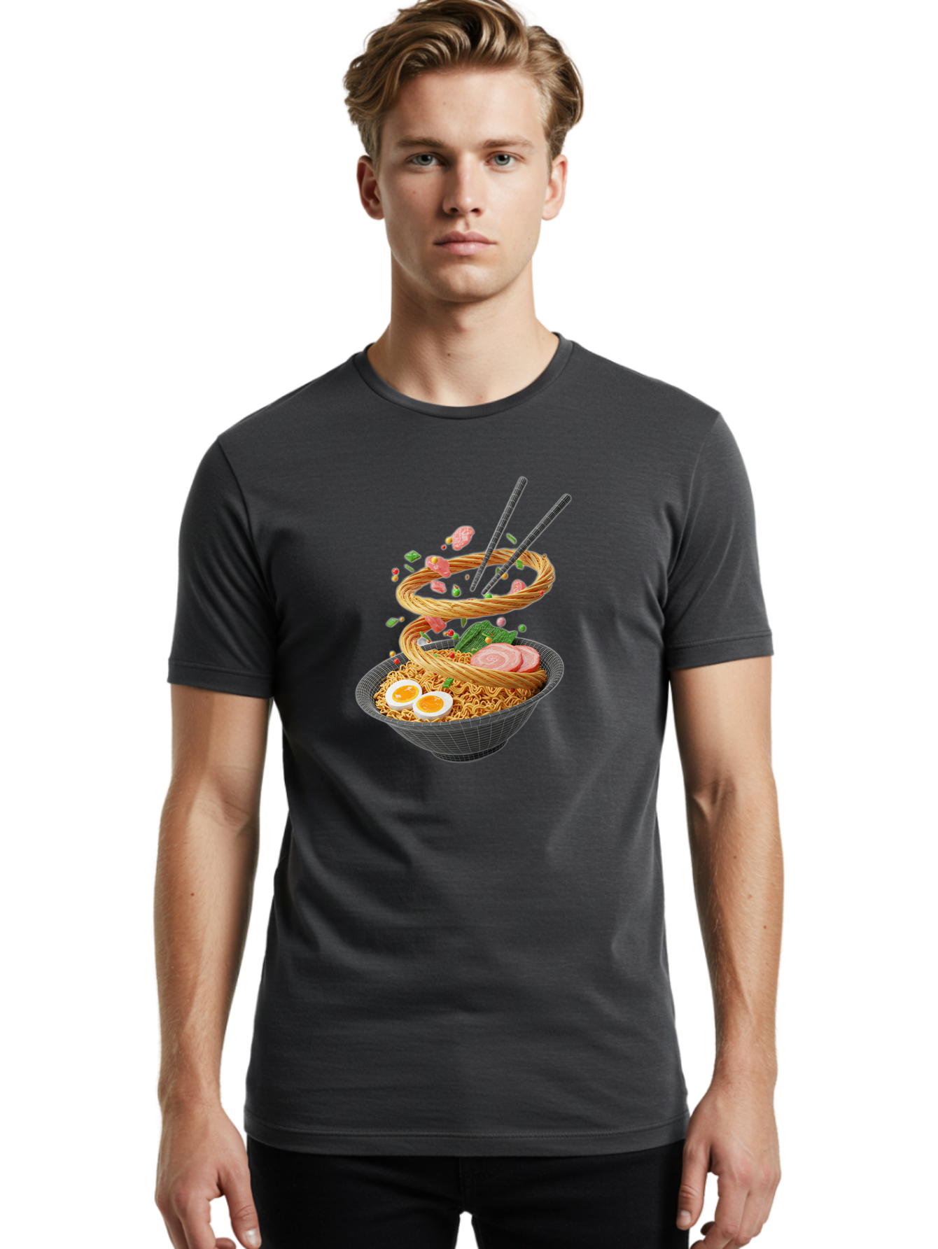 Ramen-Noodles Men'S Graphic Tee, 100% Cotton, Comfortable Casual Summer Wear, Machine Washable, Ramen Noodles, Delicious Bowl, Savory Dish, Asian Cuisine, Eggs, Sliced Pork, Green Onions, Chopsticks, Swirling Noodles, Foodie Art, Tasty Meal, Bab316