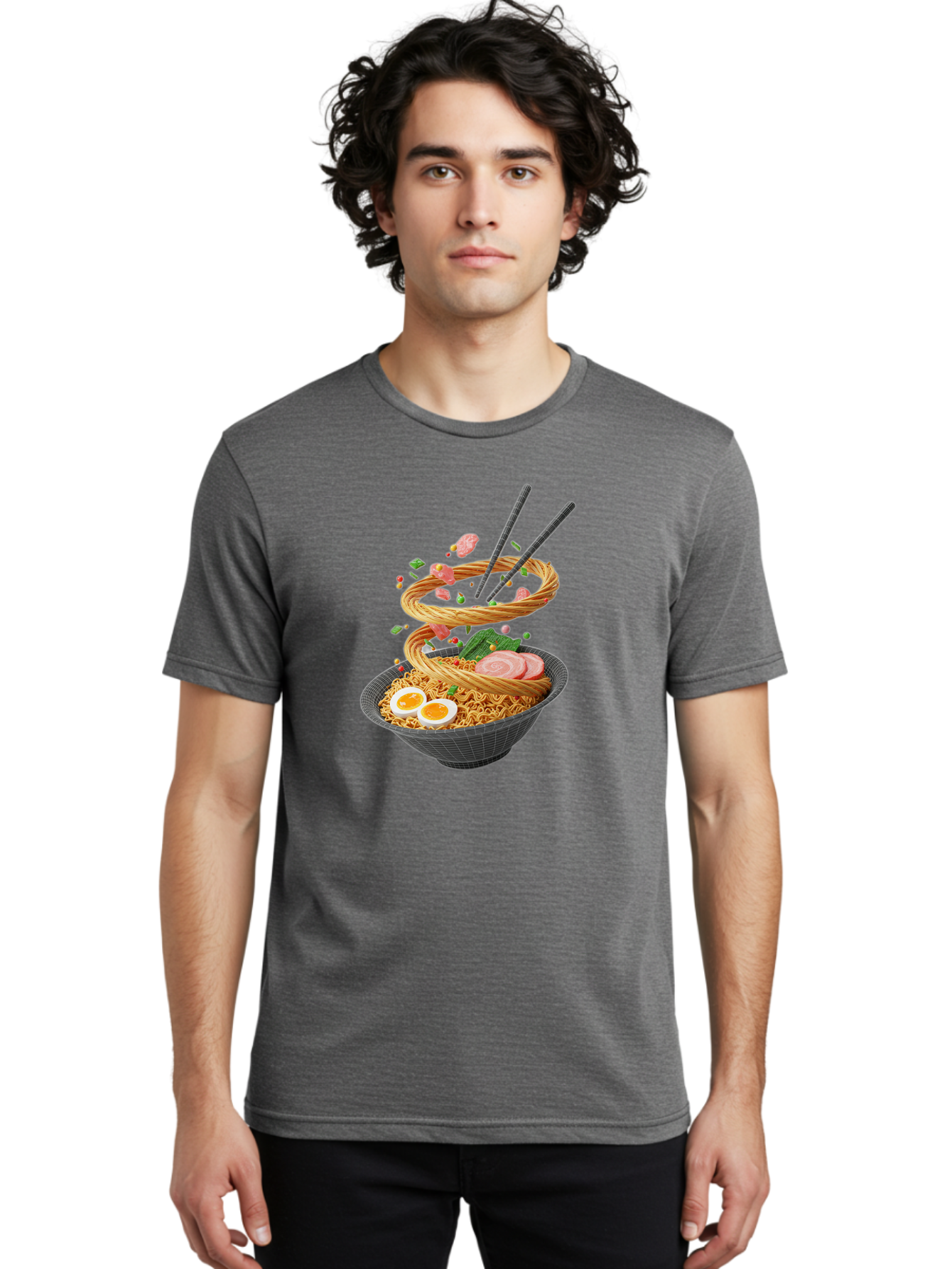Ramen-Noodles Men'S Graphic Tee, 100% Cotton, Comfortable Casual Summer Wear, Machine Washable, Ramen Noodles, Delicious Bowl, Savory Dish, Asian Cuisine, Eggs, Sliced Pork, Green Onions, Chopsticks, Swirling Noodles, Foodie Art, Tasty Meal, Bab316