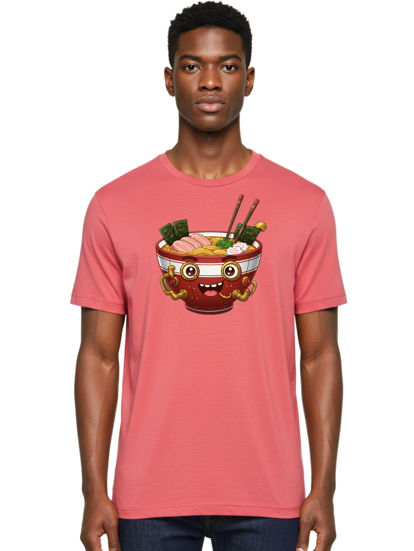 Ramen-Robot-1 Men'S Graphic Tee, 100% Cotton, Comfortable Casual Summer Wear, Machine Washable, Steaming Hot Ramen, Japanese Noodle Soup, Cartoon Ramen Bowl, Robotic Ramen, Delicious Food, Anime Style, Asian Cuisine, Tasty Noodles, Bab317