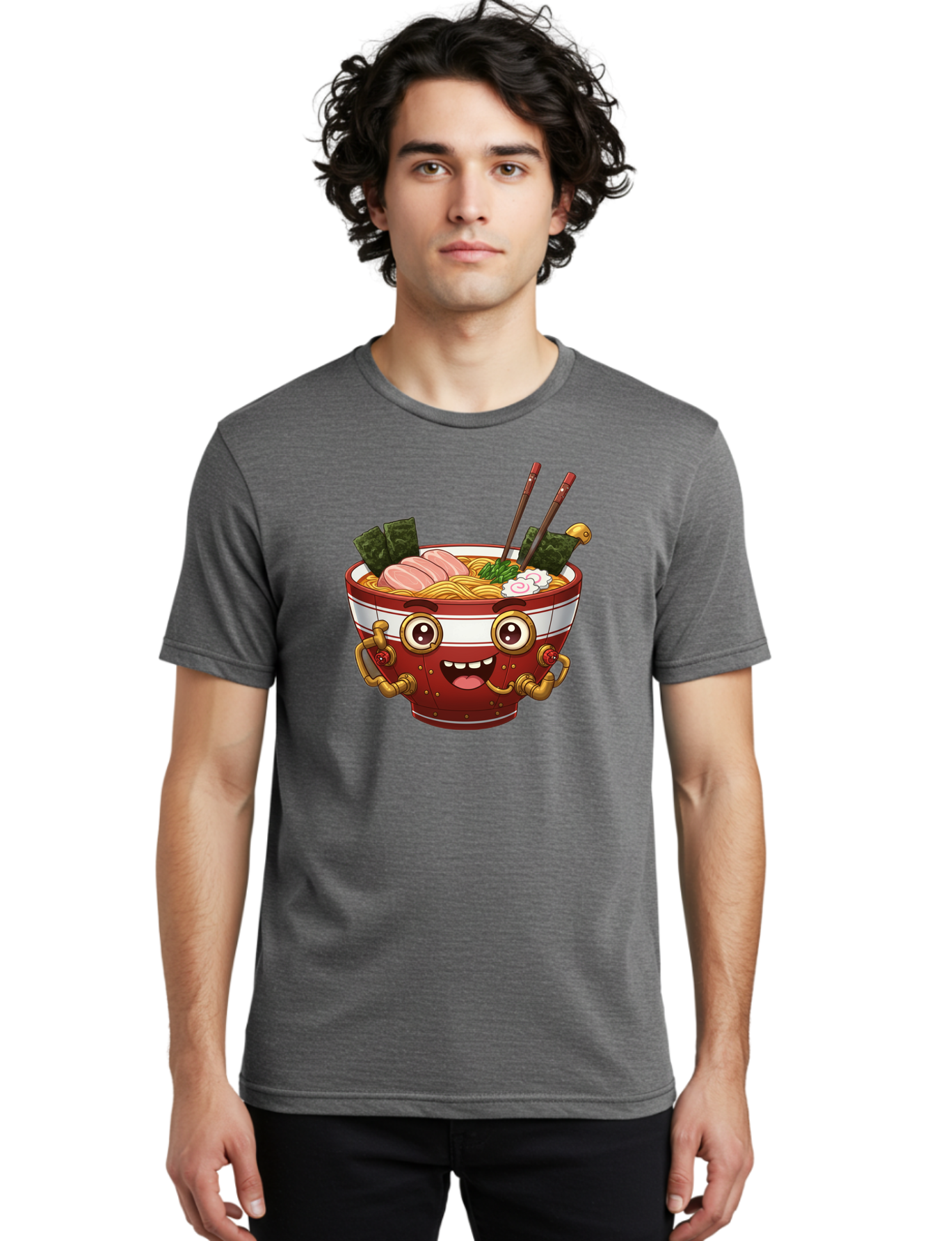 Ramen-Robot-1 Men'S Graphic Tee, 100% Cotton, Comfortable Casual Summer Wear, Machine Washable, Steaming Hot Ramen, Japanese Noodle Soup, Cartoon Ramen Bowl, Robotic Ramen, Delicious Food, Anime Style, Asian Cuisine, Tasty Noodles, Bab317