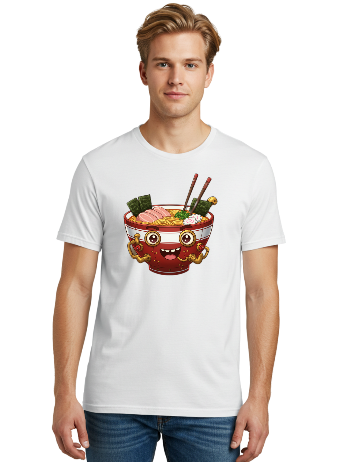 Ramen-Robot-1 Men'S Graphic Tee, 100% Cotton, Comfortable Casual Summer Wear, Machine Washable, Steaming Hot Ramen, Japanese Noodle Soup, Cartoon Ramen Bowl, Robotic Ramen, Delicious Food, Anime Style, Asian Cuisine, Tasty Noodles, Bab317