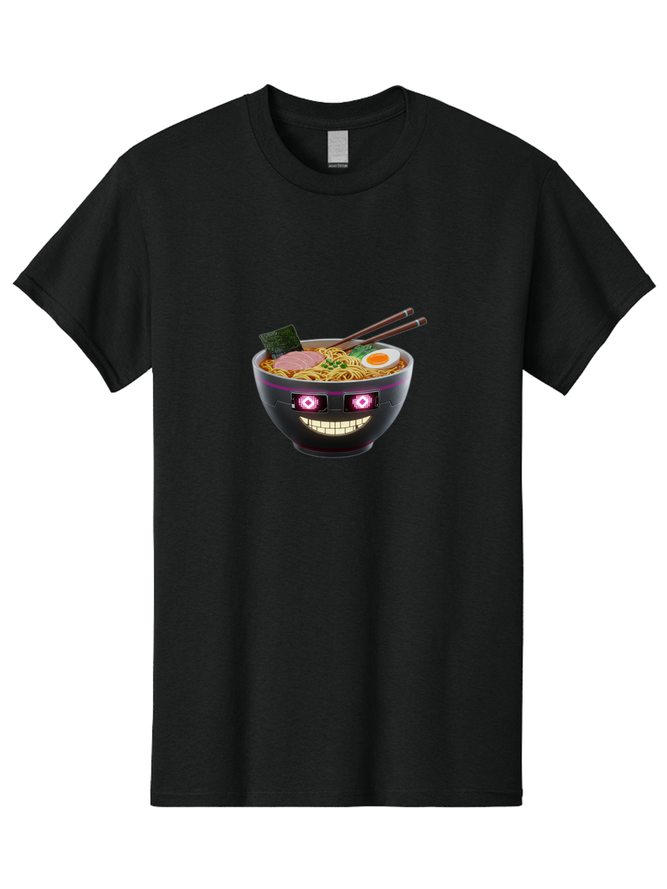 Ramen-Robot Men'S Graphic Tee, 100% Cotton, Comfortable Casual Summer Wear, Machine Washable, Ramen Bowl, Digital Illustration, Glowing Eyes, Robotic Face, Noodle Dish, Japanese Cuisine, Pink Accents, Chopsticks, Sliced Ham, Seaweed, Bab318