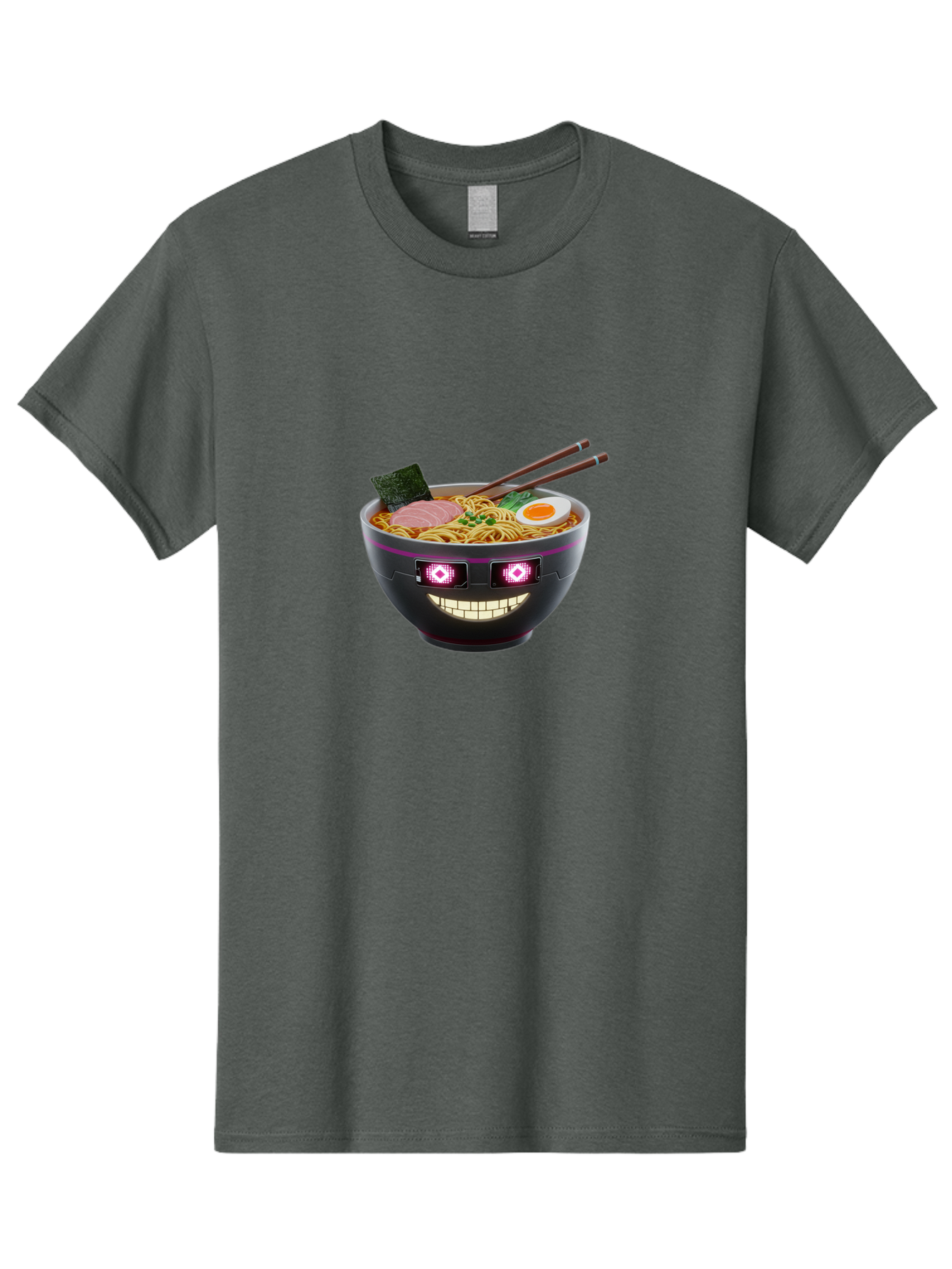 Ramen-Robot Men'S Graphic Tee, 100% Cotton, Comfortable Casual Summer Wear, Machine Washable, Ramen Bowl, Digital Illustration, Glowing Eyes, Robotic Face, Noodle Dish, Japanese Cuisine, Pink Accents, Chopsticks, Sliced Ham, Seaweed, Bab318