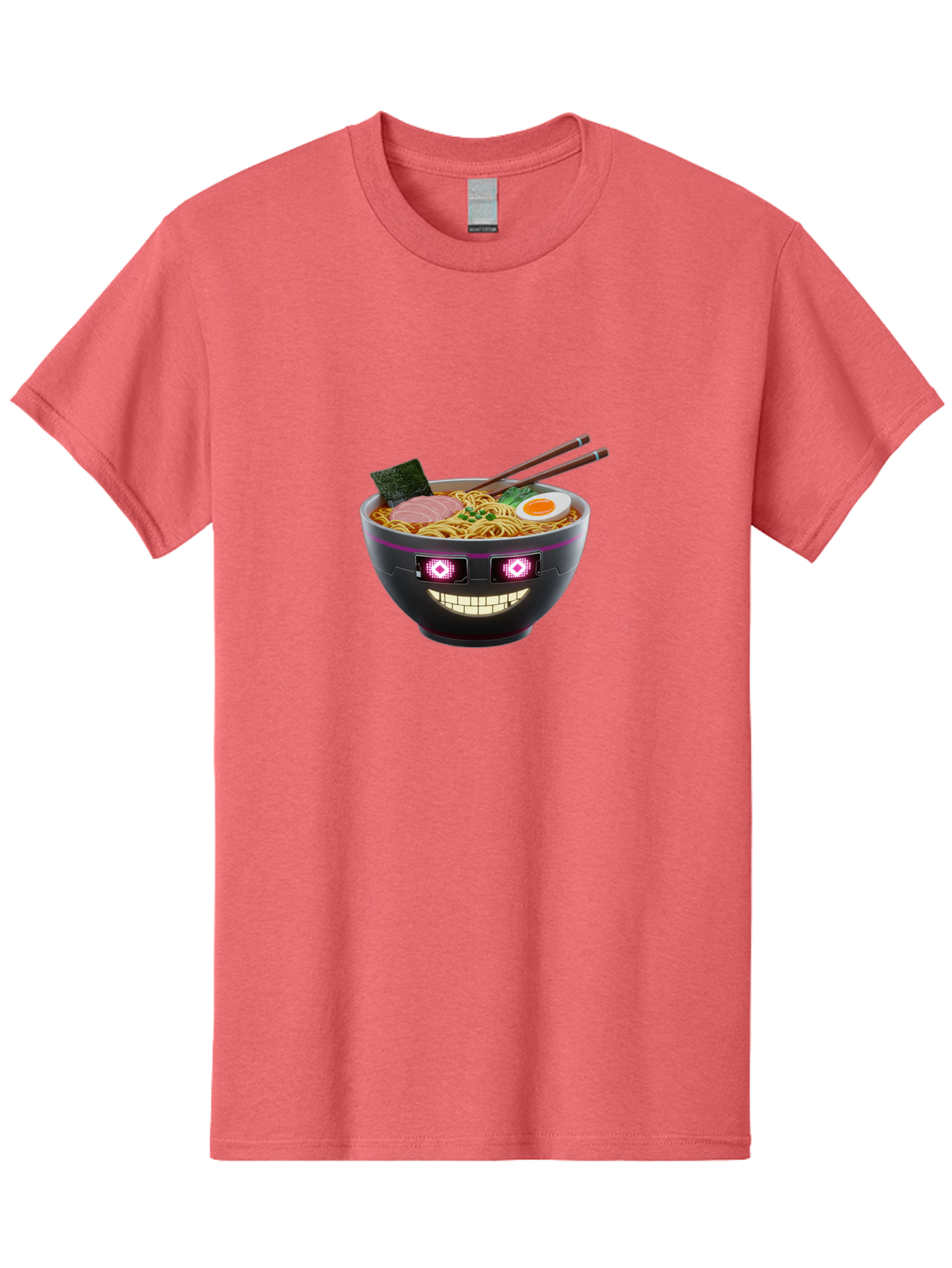 Ramen-Robot Men'S Graphic Tee, 100% Cotton, Comfortable Casual Summer Wear, Machine Washable, Ramen Bowl, Digital Illustration, Glowing Eyes, Robotic Face, Noodle Dish, Japanese Cuisine, Pink Accents, Chopsticks, Sliced Ham, Seaweed, Bab318