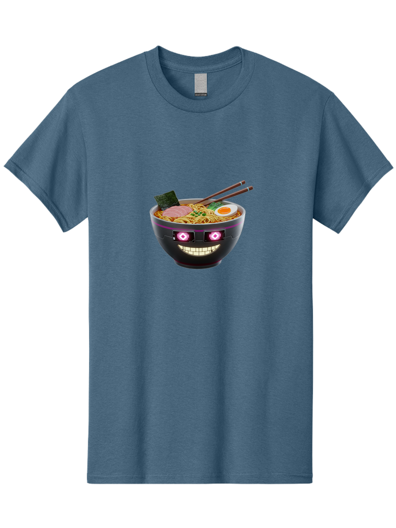 Ramen-Robot Men'S Graphic Tee, 100% Cotton, Comfortable Casual Summer Wear, Machine Washable, Ramen Bowl, Digital Illustration, Glowing Eyes, Robotic Face, Noodle Dish, Japanese Cuisine, Pink Accents, Chopsticks, Sliced Ham, Seaweed, Bab318