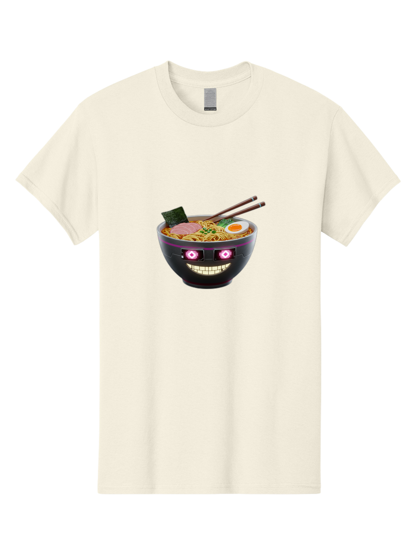 Ramen-Robot Men'S Graphic Tee, 100% Cotton, Comfortable Casual Summer Wear, Machine Washable, Ramen Bowl, Digital Illustration, Glowing Eyes, Robotic Face, Noodle Dish, Japanese Cuisine, Pink Accents, Chopsticks, Sliced Ham, Seaweed, Bab318