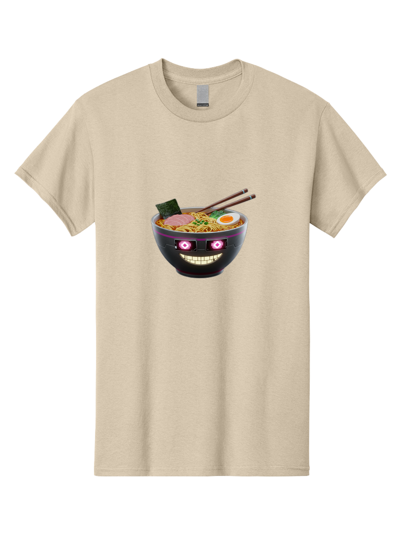 Ramen-Robot Men'S Graphic Tee, 100% Cotton, Comfortable Casual Summer Wear, Machine Washable, Ramen Bowl, Digital Illustration, Glowing Eyes, Robotic Face, Noodle Dish, Japanese Cuisine, Pink Accents, Chopsticks, Sliced Ham, Seaweed, Bab318